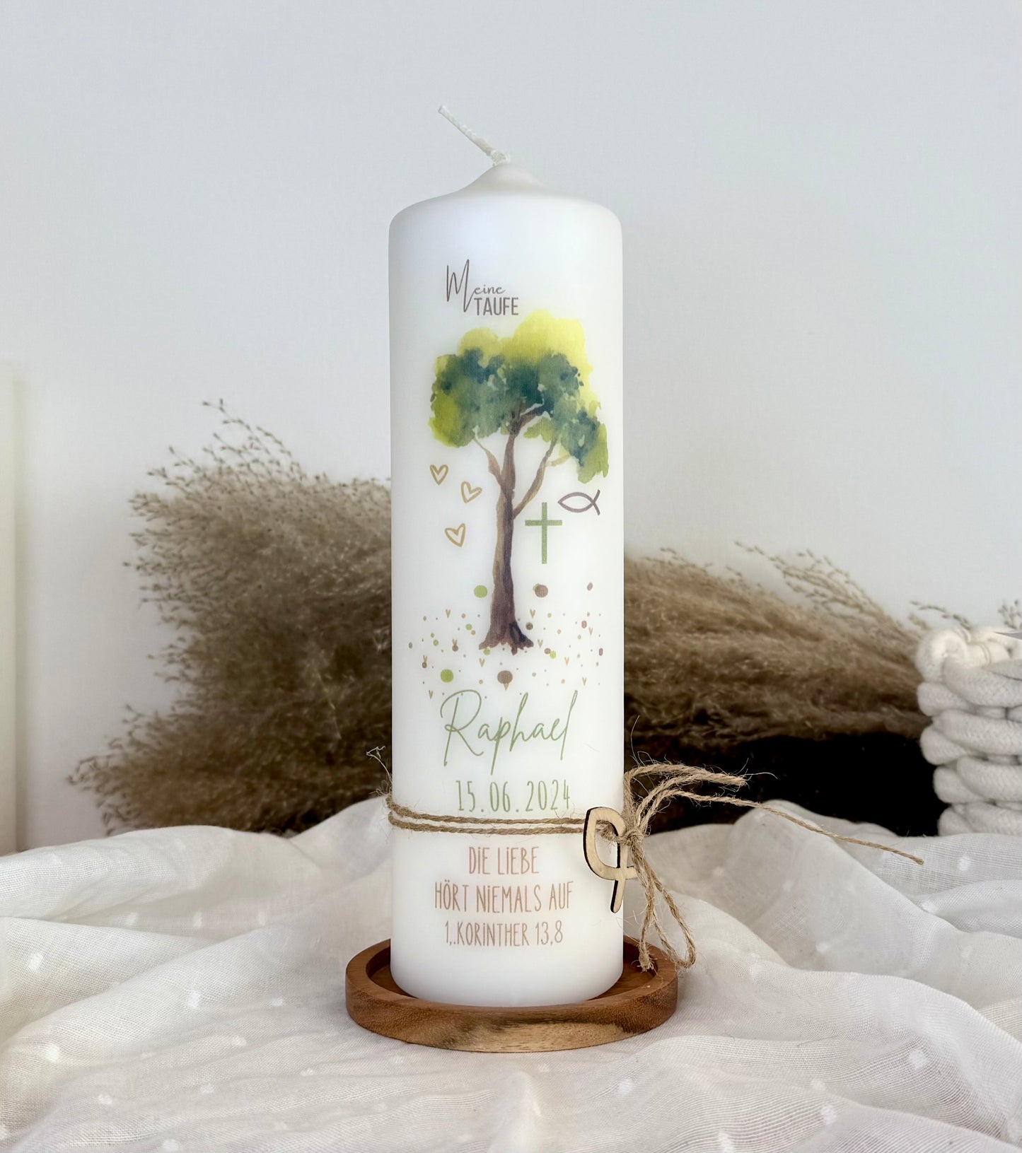 Taufkerze Lebensbaum Schlicht Aquarell Für Jungen und Mädchen