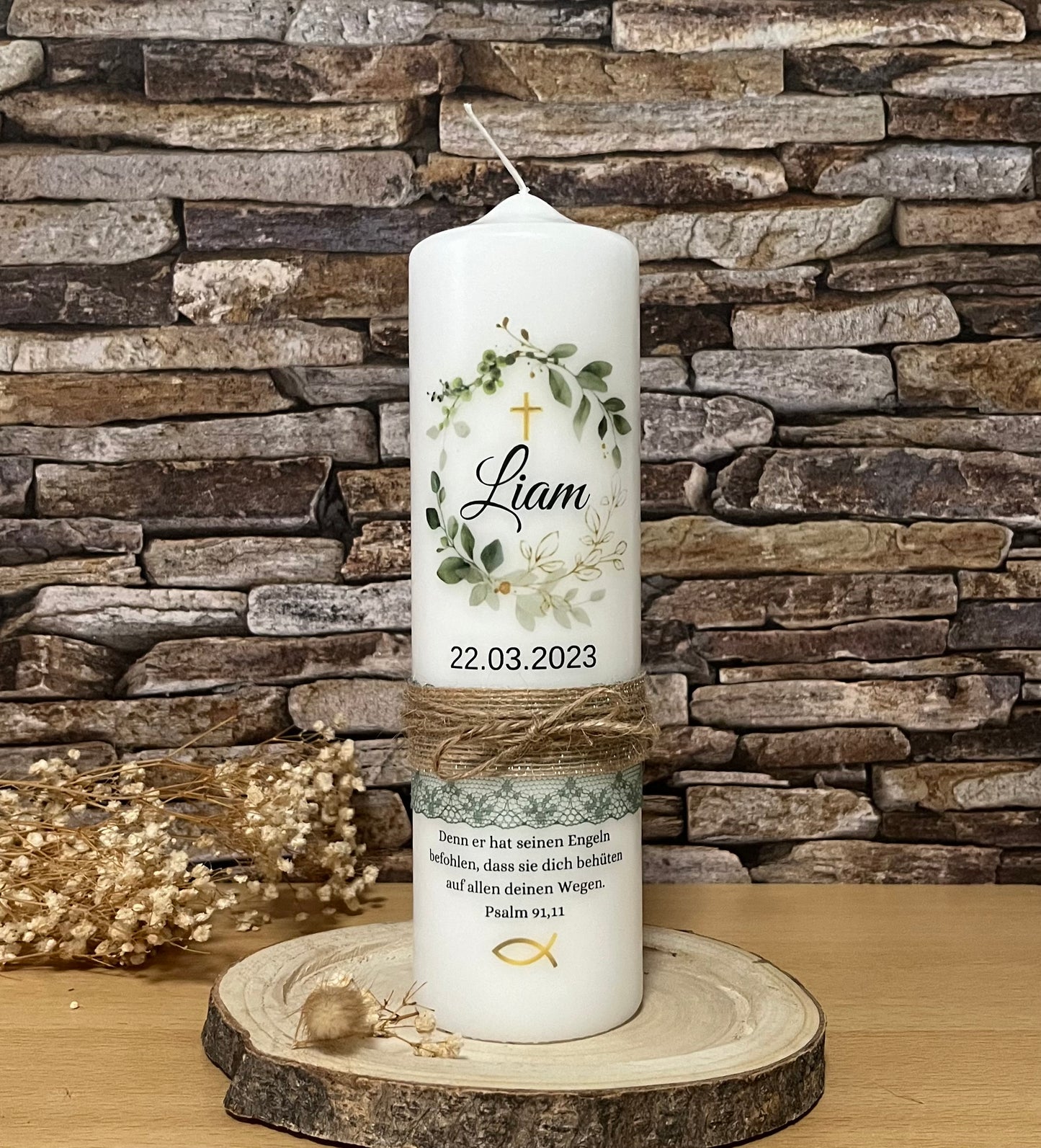 Taufkerze Eukalyptus Kranz Für Jungen und Mädchen