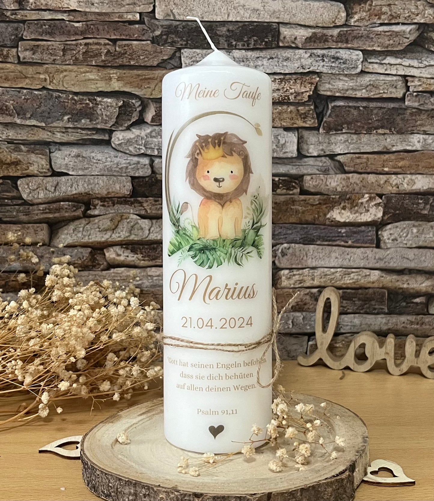 Taufkerze Löwe mit Blätterkranz Für Jungen und Mädchen