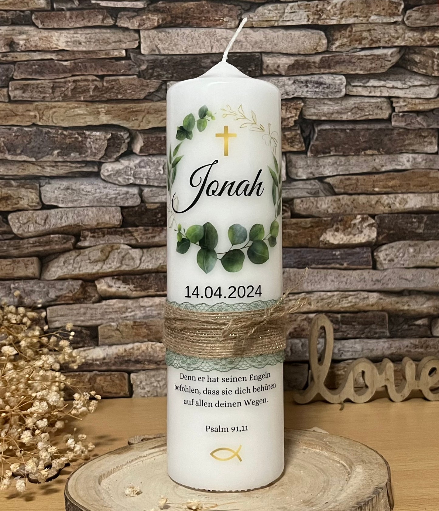 Taufkerze Eukalyptus Floral Blumen Für Jungen und Mädchen