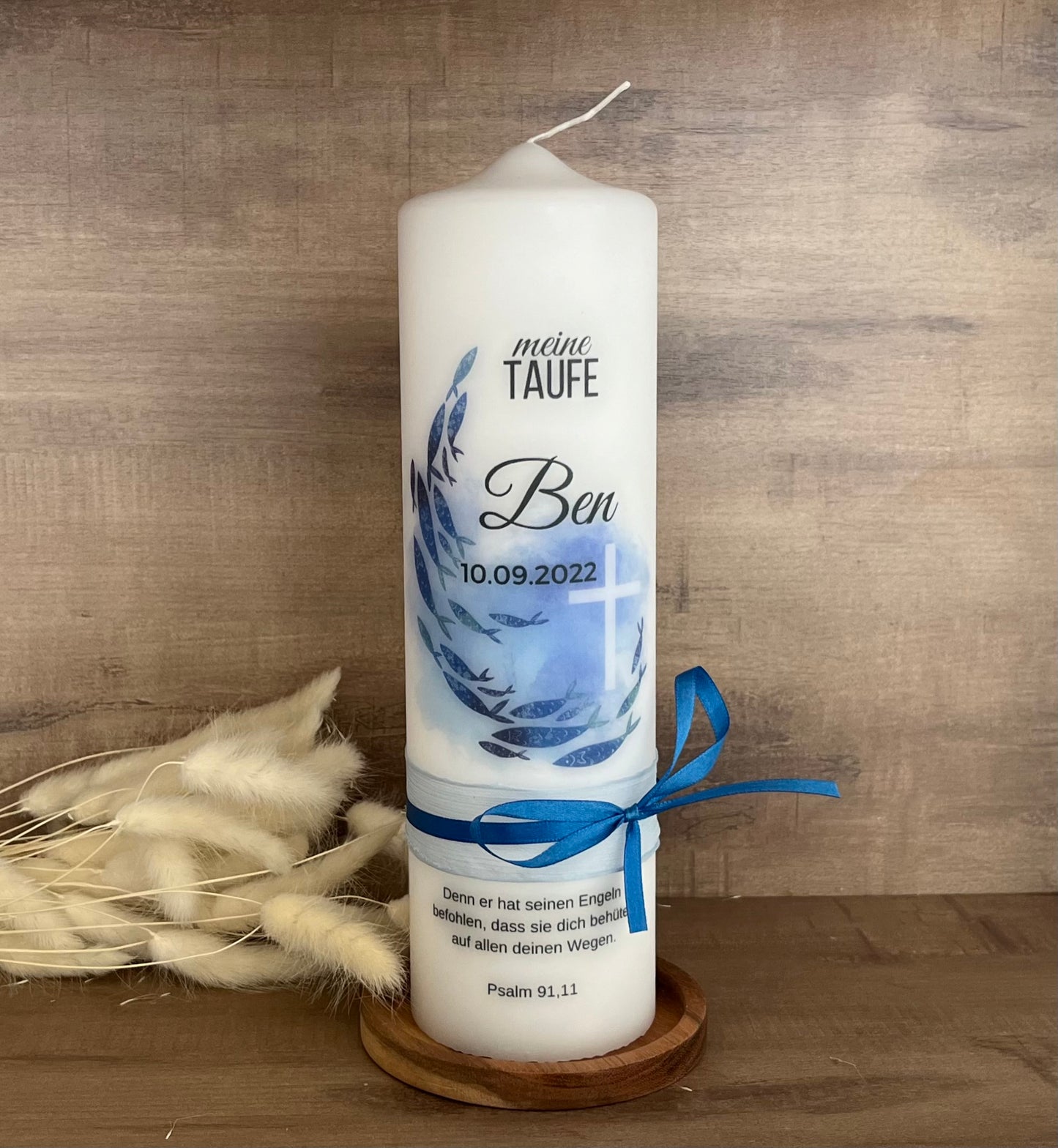 Taufkerze Blau Fisch Symbol Christlich Für Jungen und Mädchen
