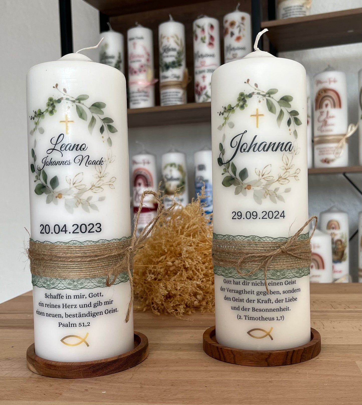 Taufkerze Eukalyptus Kranz Für Jungen und Mädchen