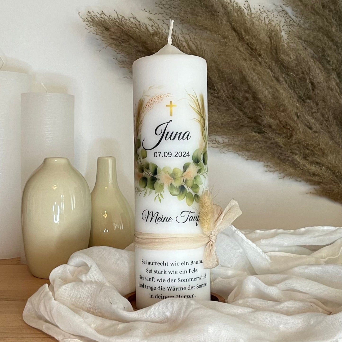 Taufkerze Eukalyptus Kranz Für Jungen und Mädchen
