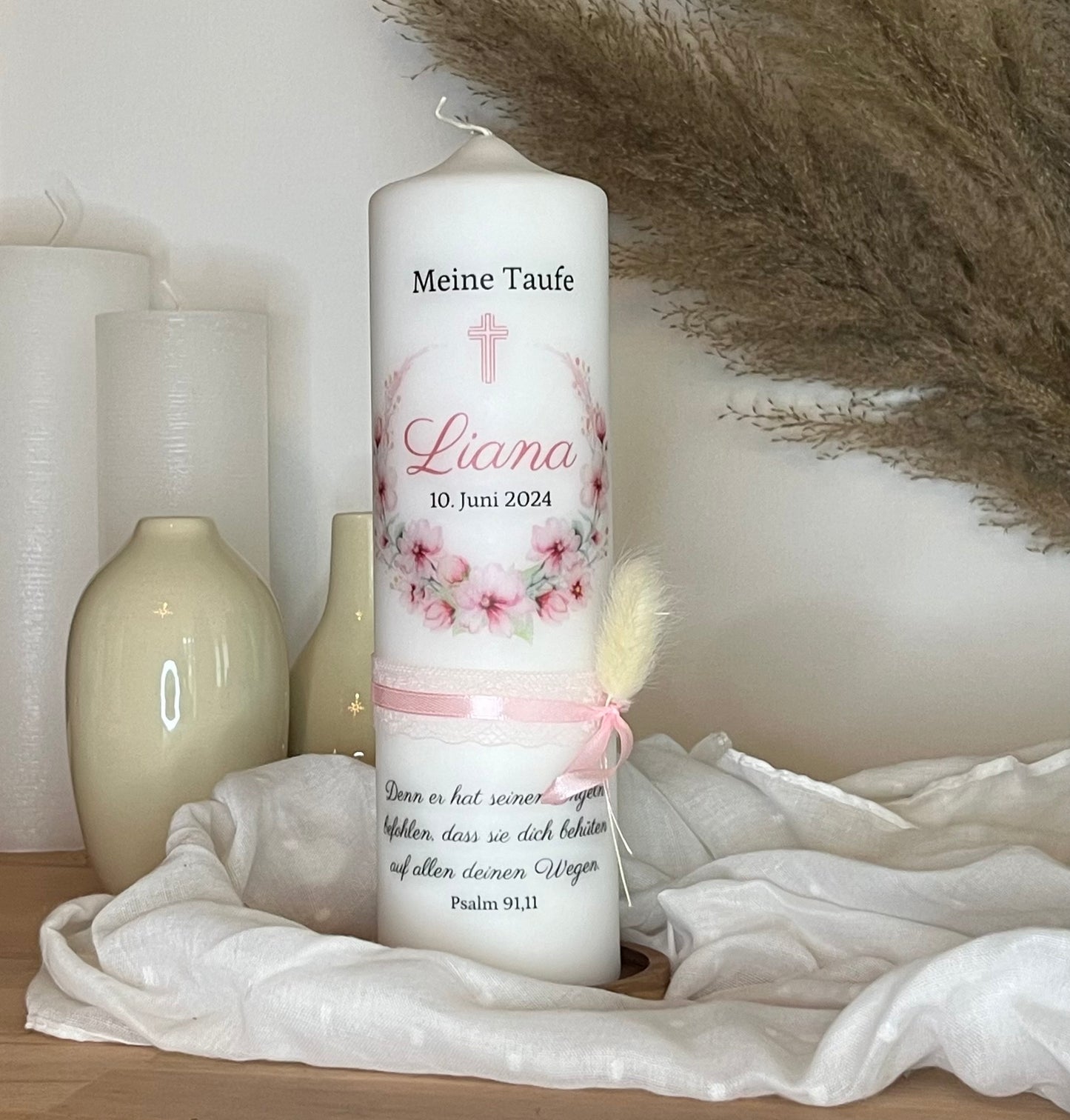 Taufkerze Mädchen - Rosa Blumen Mädchen