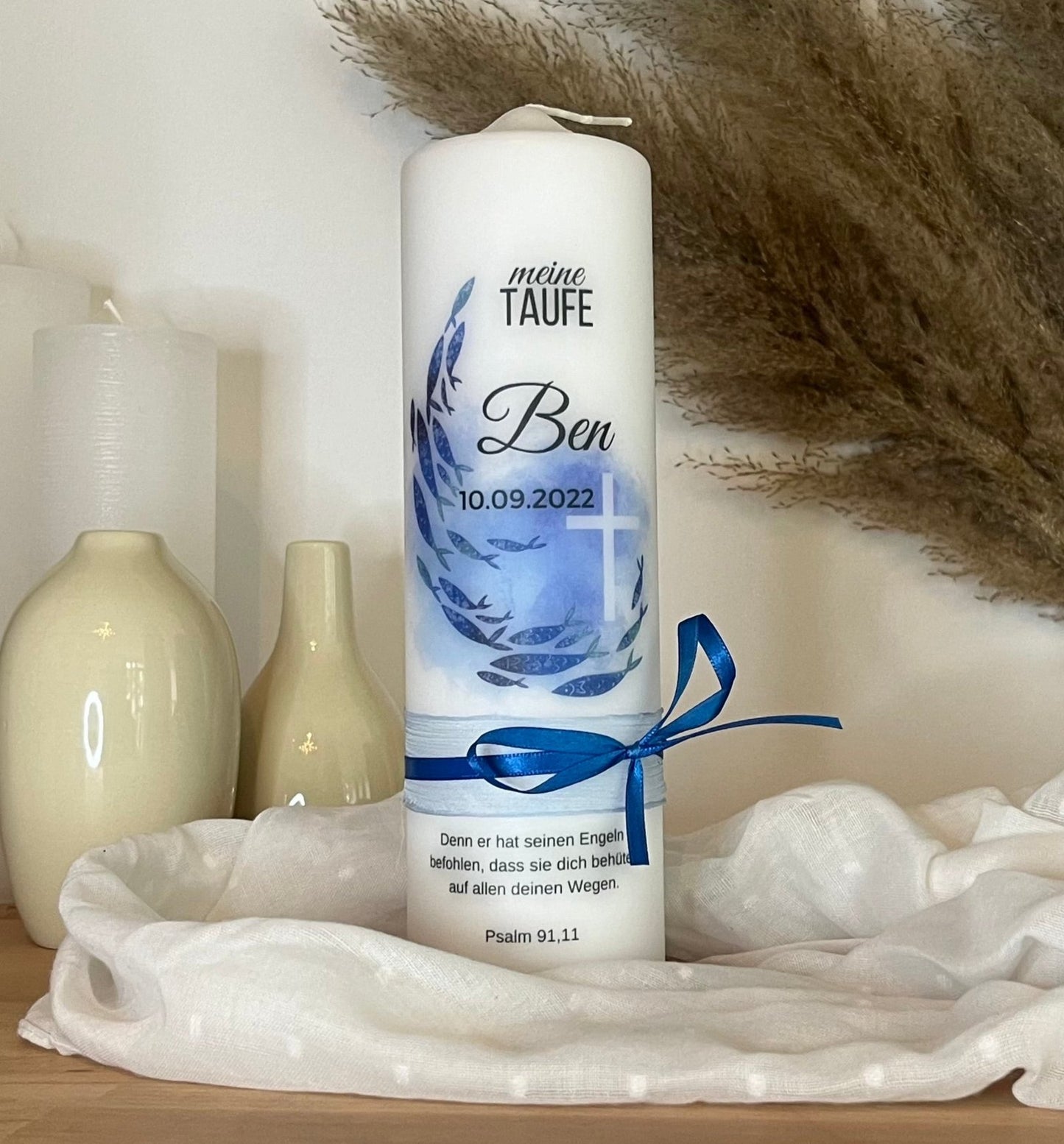 Taufkerze Blau Fisch Symbol Christlich Für Jungen und Mädchen