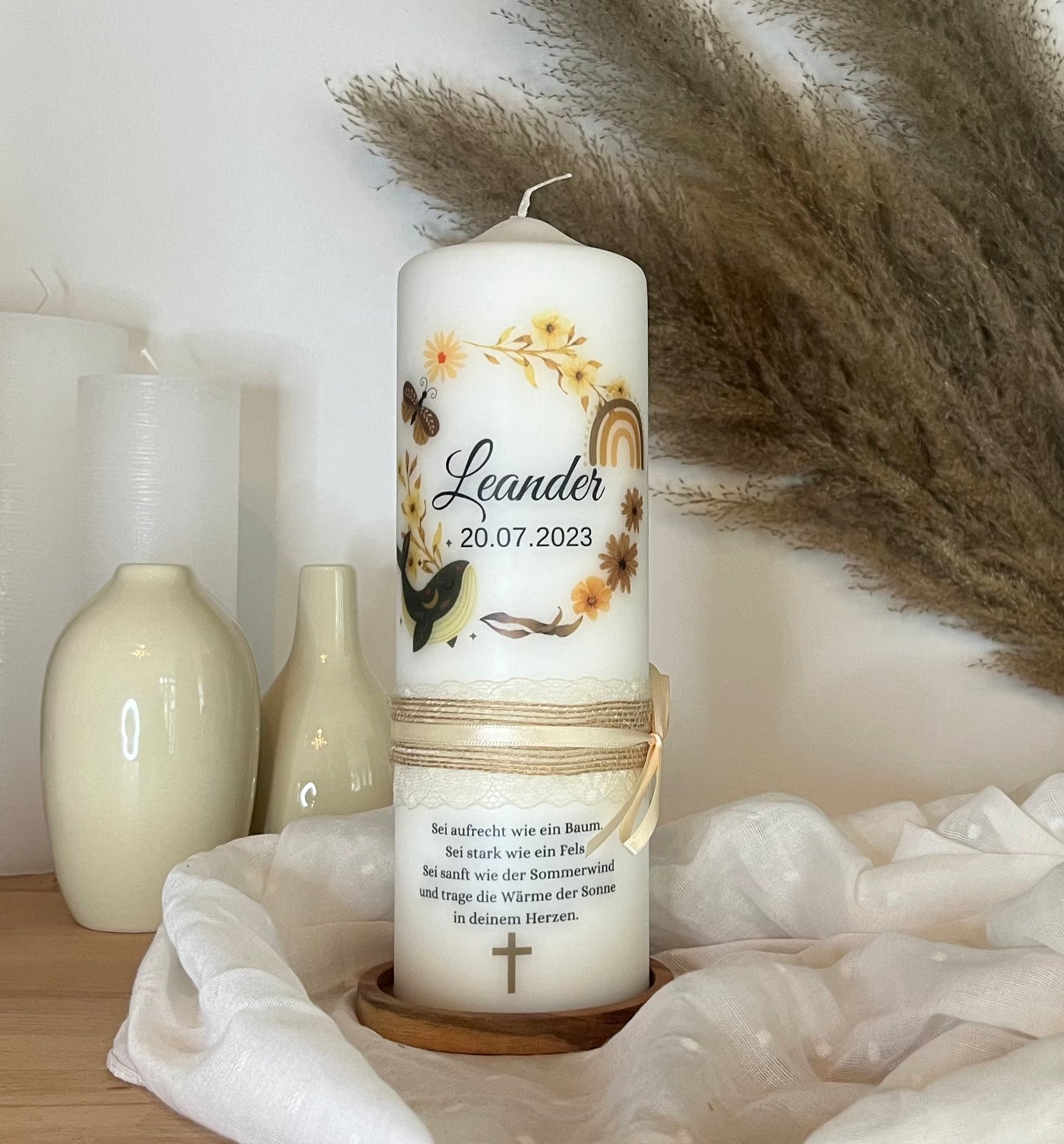 Taufkerze Floral Kranz Boho Für Jungen und Mädchen