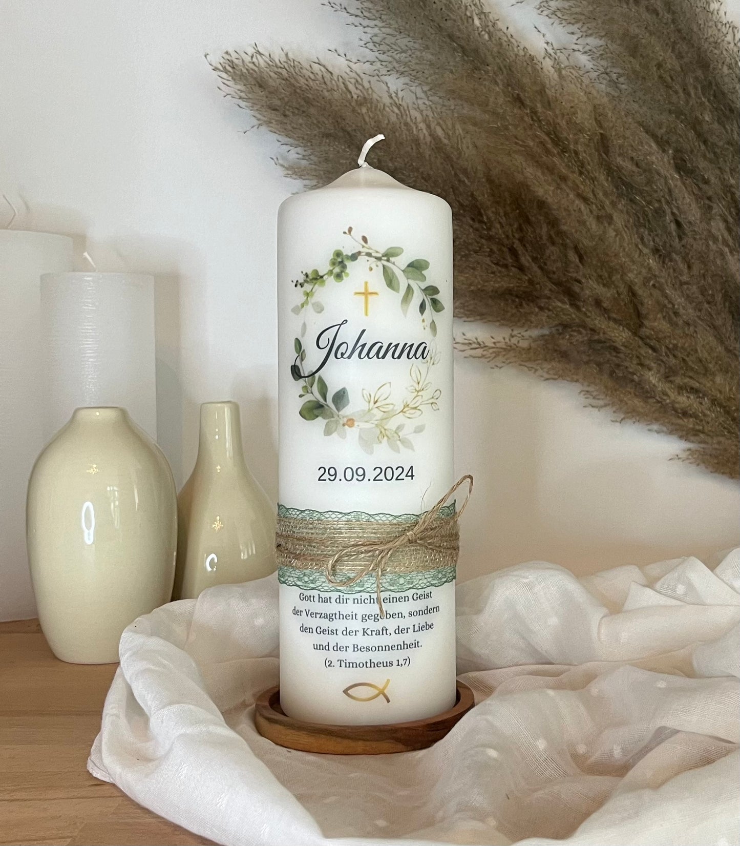 Taufkerze Eukalyptus Kranz Für Jungen und Mädchen