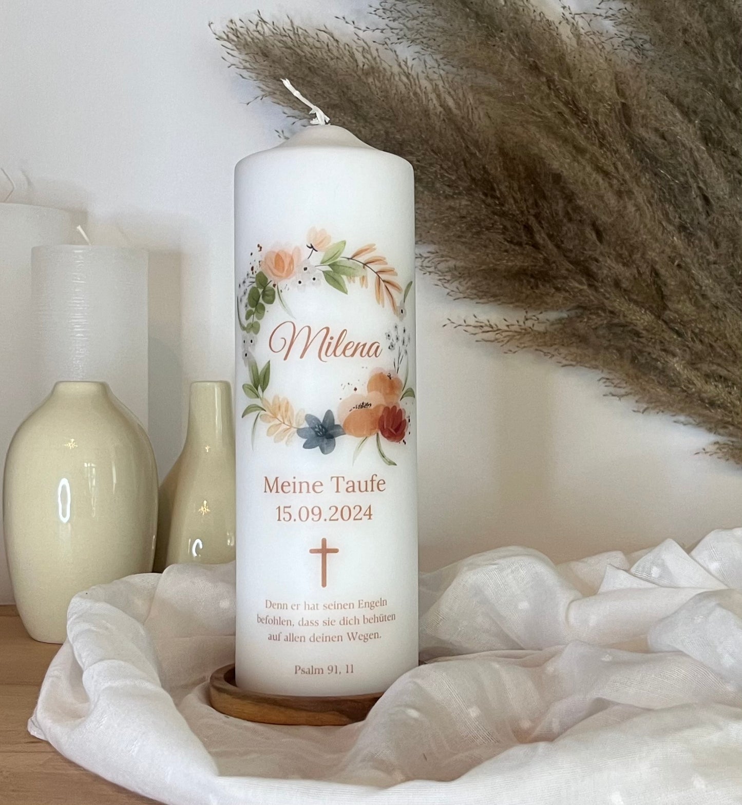 Taufkerze Mädchen - Rosa Blumen Mädchen