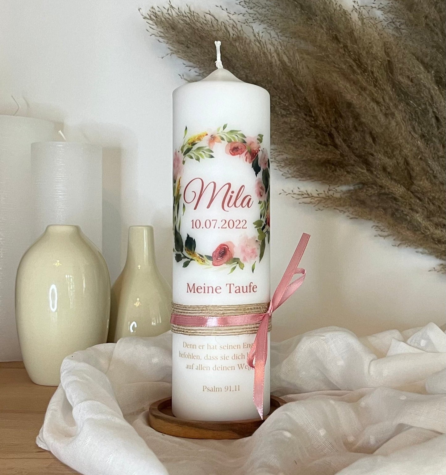 Taufkerze Mädchen - Rosa Blumen Mädchen