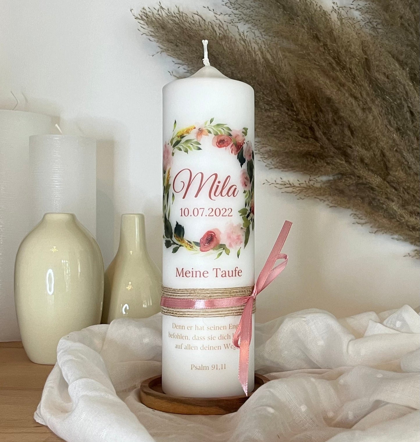 Taufkerze Mädchen - Rosa Blumen Mädchen