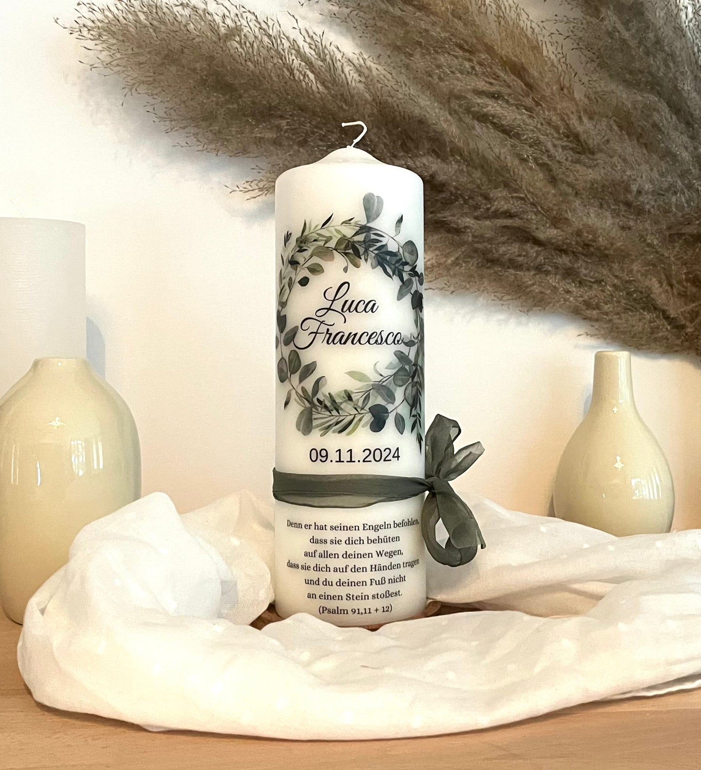 Taufkerze Eukalyptus Kranz Für Jungen und Mädchen