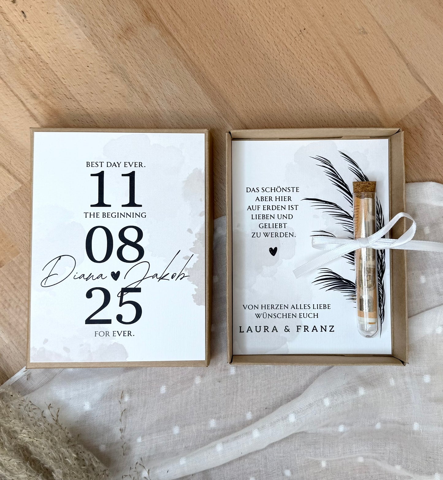 Personalisiertes Geldgeschenk zur Hochzeit-– Geschenkbox mit Reagenzglas & im Boho-Stil – Hochzeitsgeschenk für Brautpaar