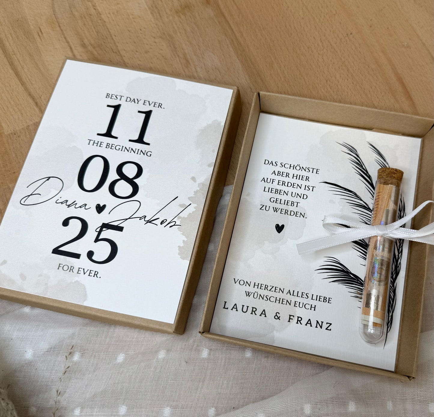 Personalisiertes Geldgeschenk zur Hochzeit-– Geschenkbox mit Reagenzglas & im Boho-Stil – Hochzeitsgeschenk für Brautpaar