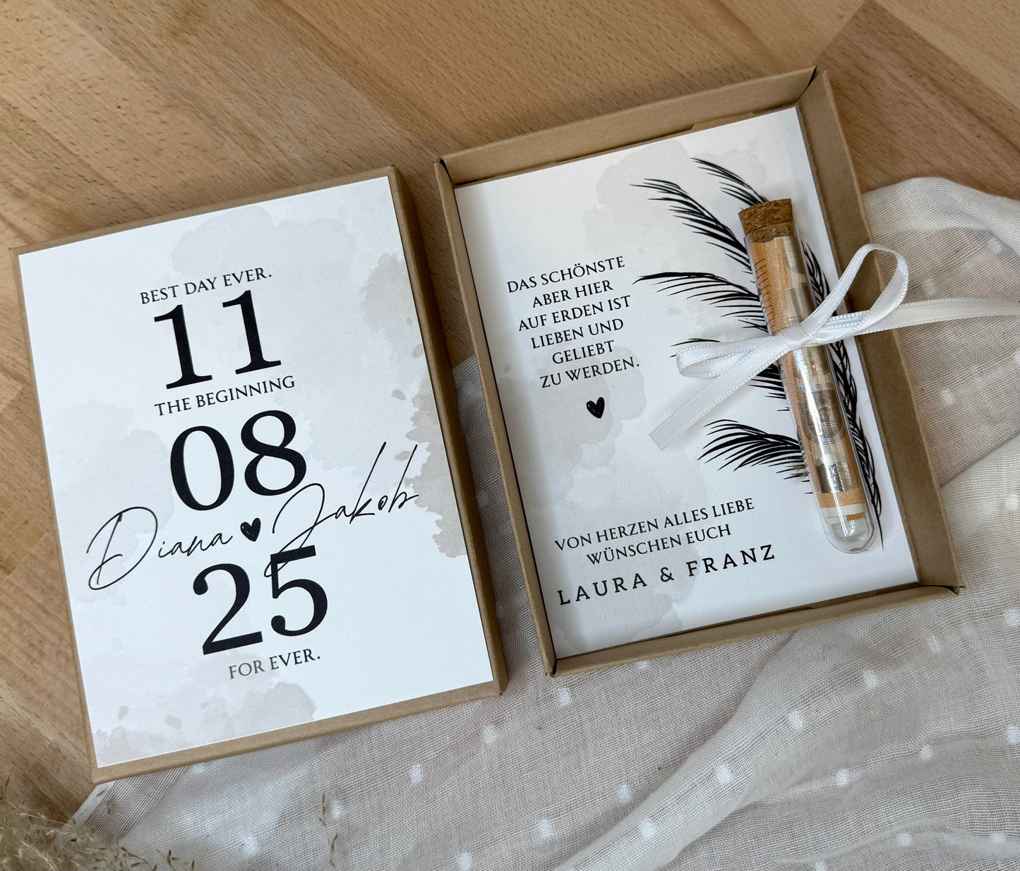 Personalisiertes Geldgeschenk zur Hochzeit-– Geschenkbox mit Reagenzglas & im Boho-Stil – Hochzeitsgeschenk für Brautpaar