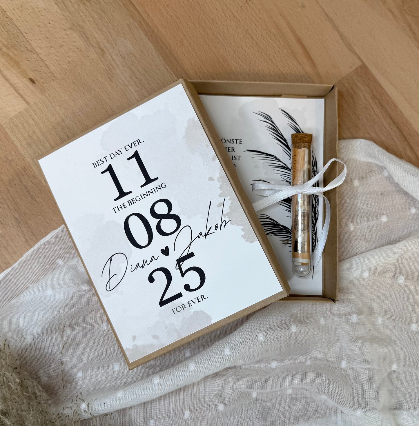 Personalisiertes Geldgeschenk zur Hochzeit-– Geschenkbox mit Reagenzglas & im Boho-Stil – Hochzeitsgeschenk für Brautpaar