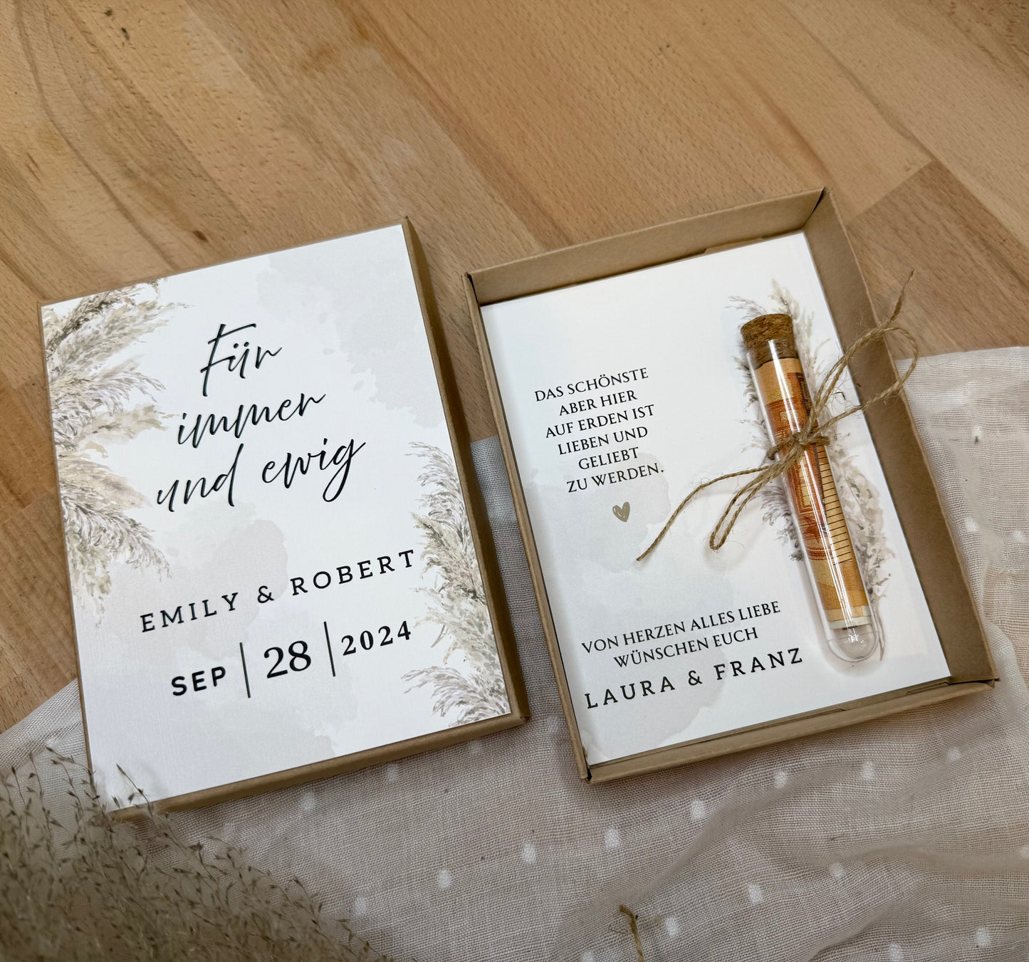 Personalisiertes Geldgeschenk zur Hochzeit-– Geschenkbox mit Reagenzglas & im Boho-Stil – Hochzeitsgeschenk für Brautpaar
