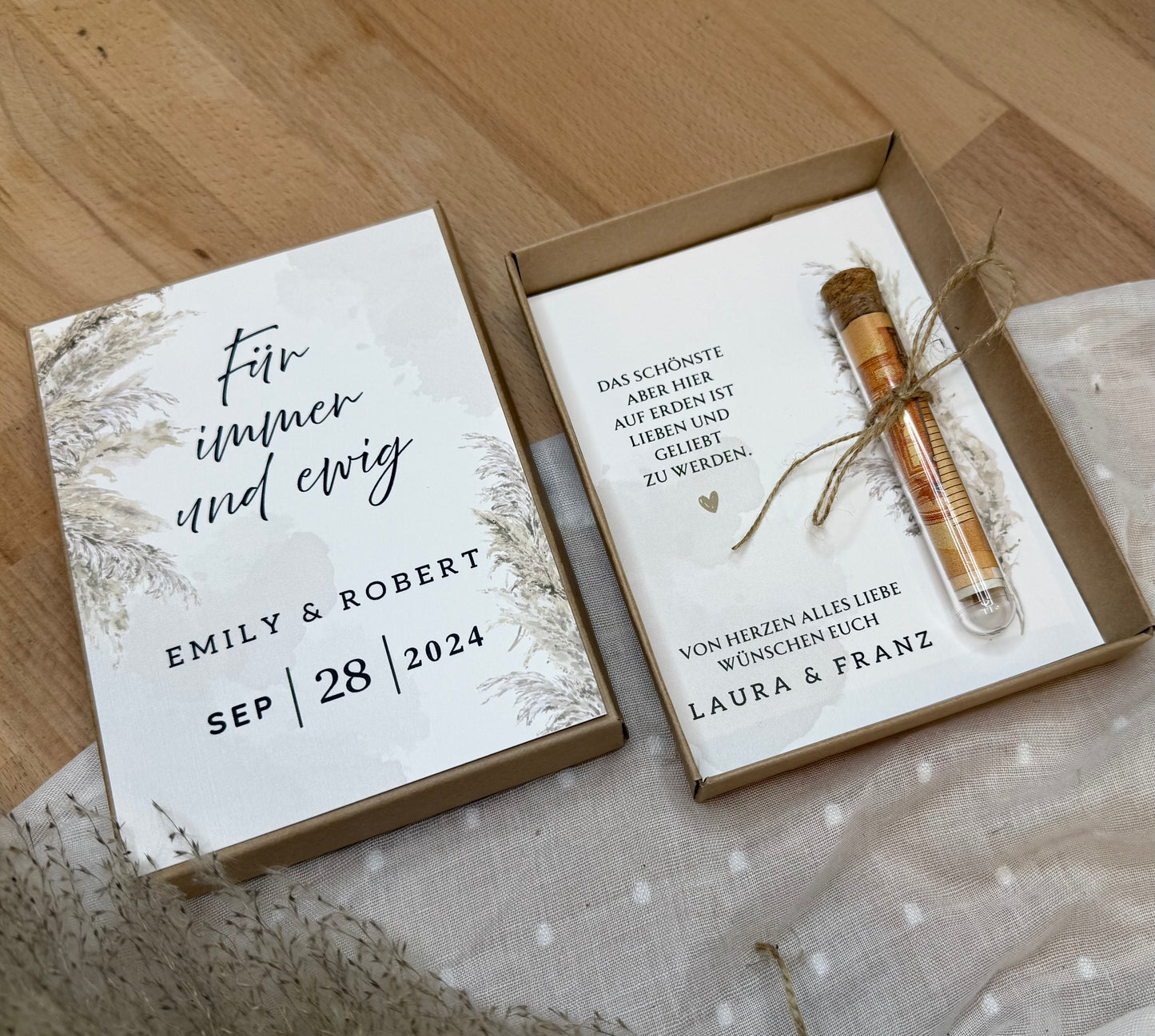 Personalisiertes Geldgeschenk zur Hochzeit-– Geschenkbox mit Reagenzglas & im Boho-Stil – Hochzeitsgeschenk für Brautpaar