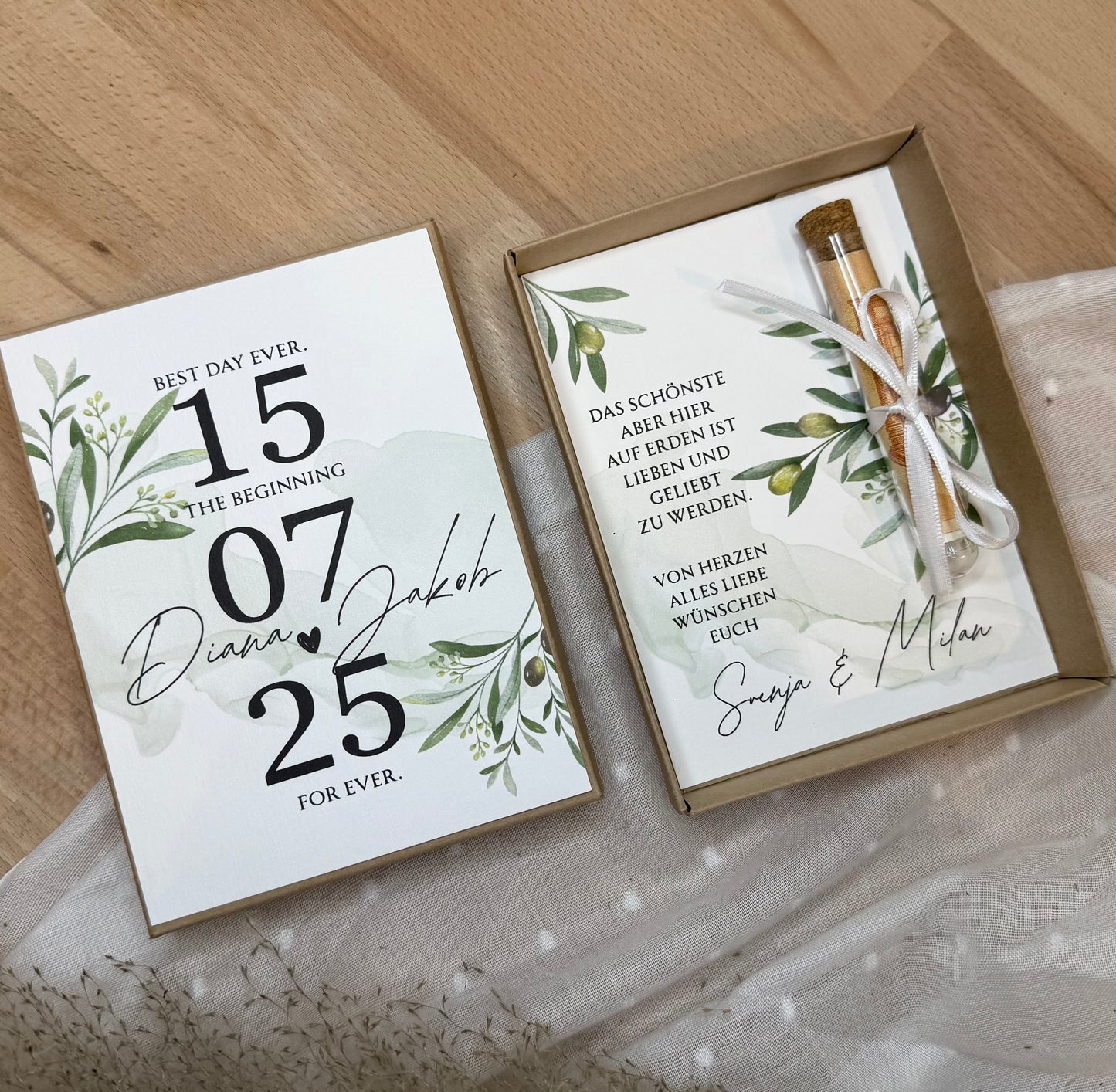 Personalisiertes Geldgeschenk zur Hochzeit-– Geschenkbox mit Reagenzglas & im Boho-Stil – Hochzeitsgeschenk für Brautpaar