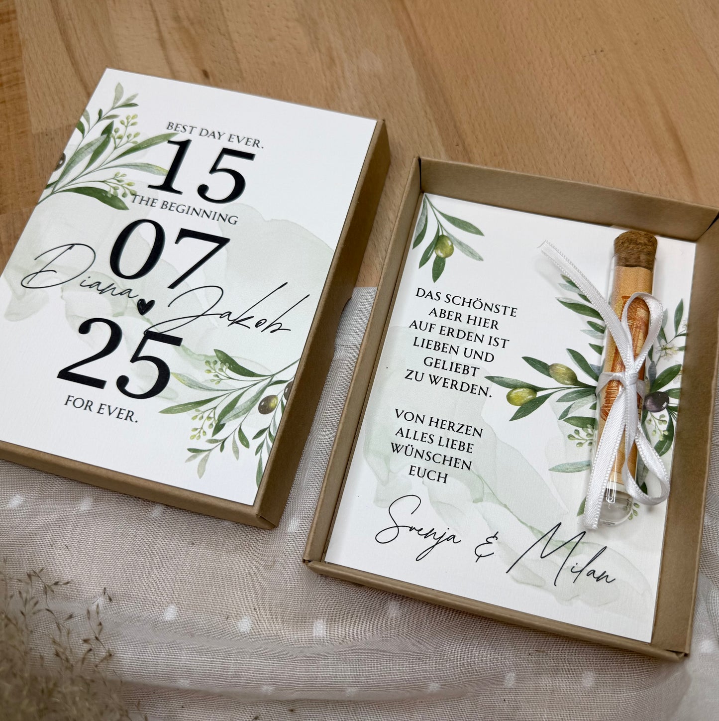 Personalisiertes Geldgeschenk zur Hochzeit-– Geschenkbox mit Reagenzglas & im Boho-Stil – Hochzeitsgeschenk für Brautpaar