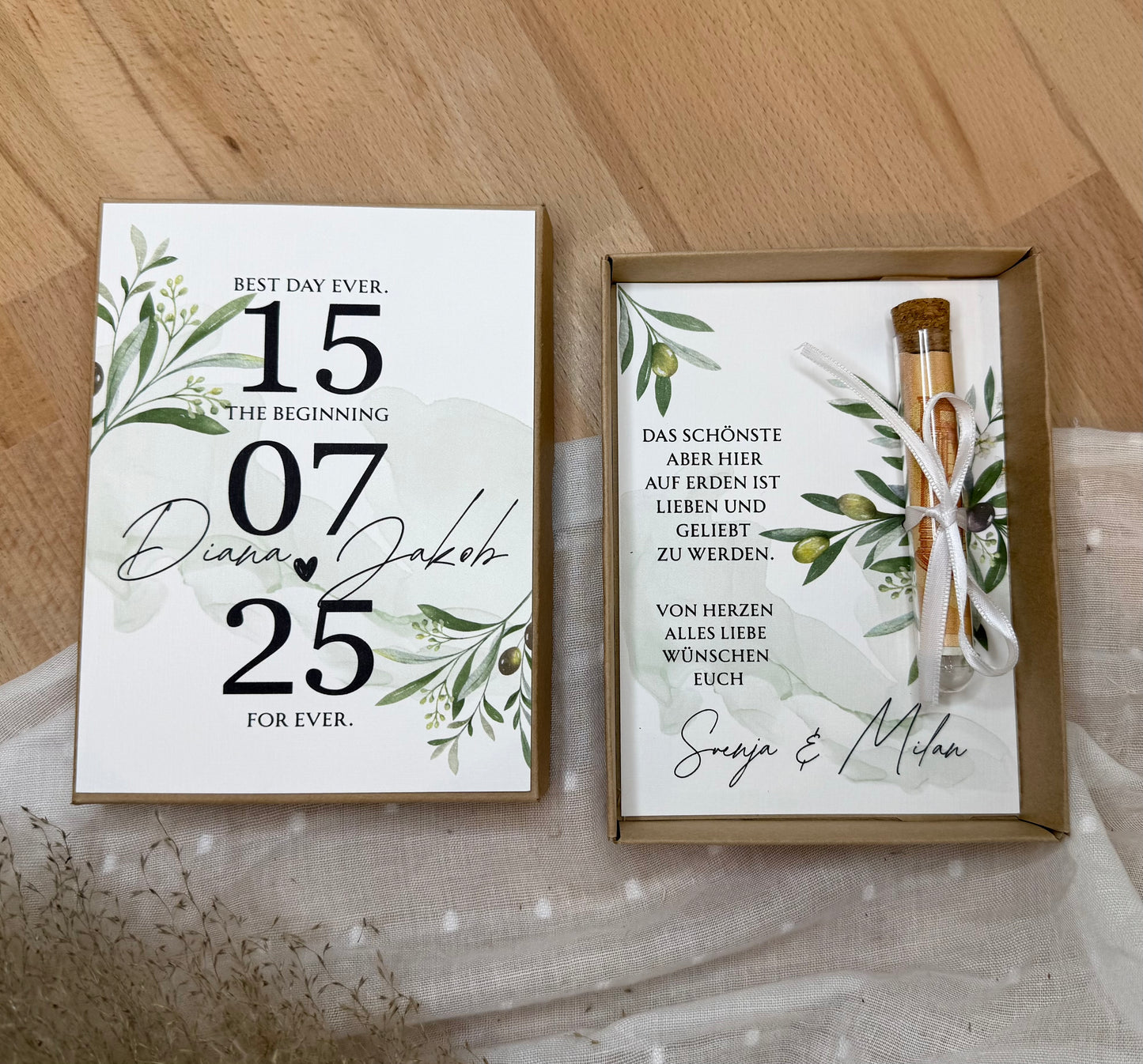 Personalisiertes Geldgeschenk zur Hochzeit-– Geschenkbox mit Reagenzglas & im Boho-Stil – Hochzeitsgeschenk für Brautpaar