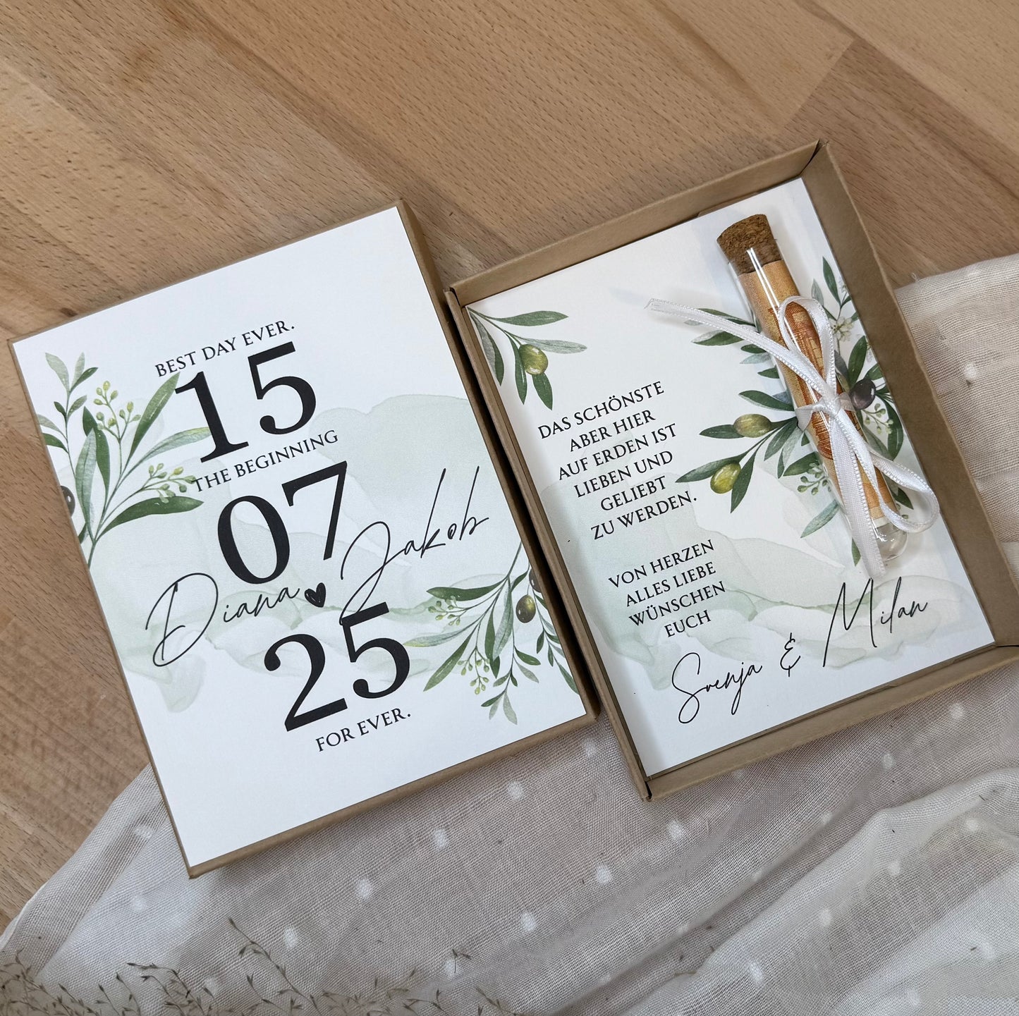 Personalisiertes Geldgeschenk zur Hochzeit-– Geschenkbox mit Reagenzglas & im Boho-Stil – Hochzeitsgeschenk für Brautpaar