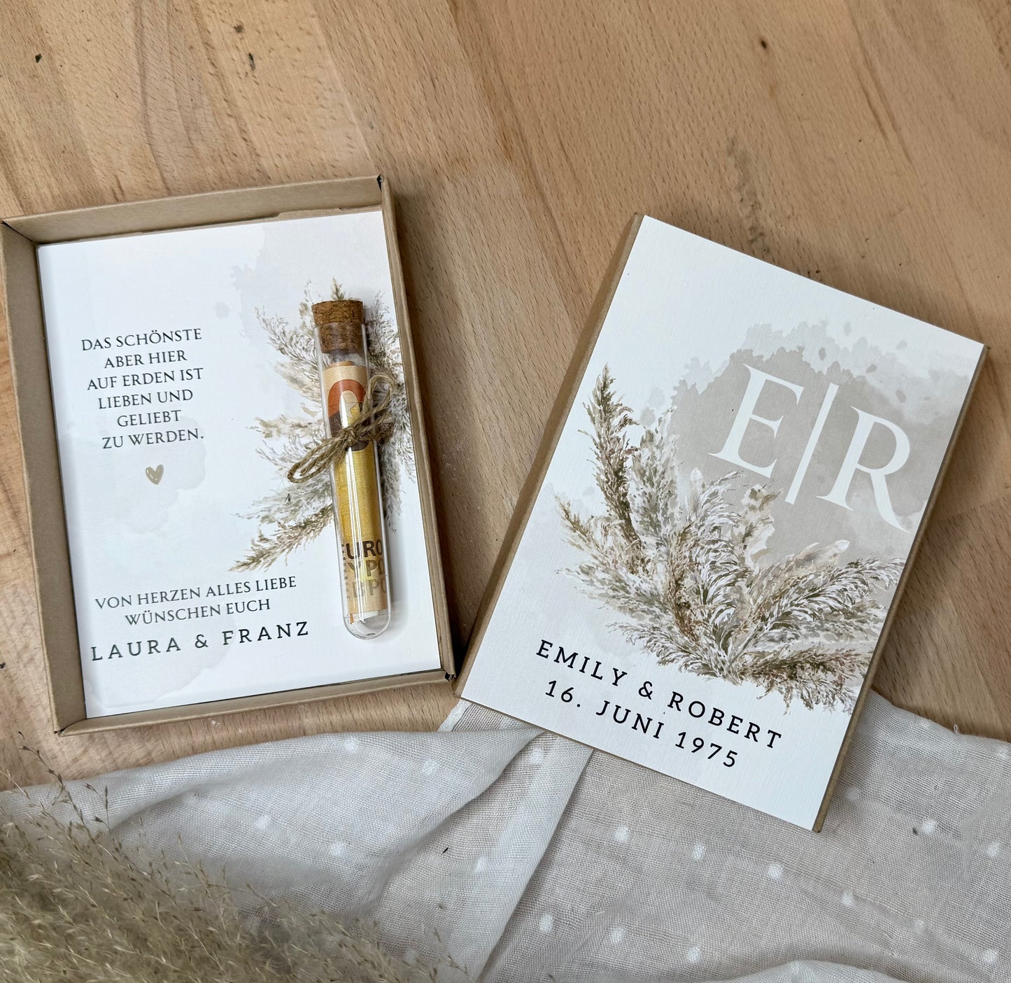 Personalisiertes Geldgeschenk zur Hochzeit-– Geschenkbox mit Reagenzglas & im Boho-Stil – Hochzeitsgeschenk für Brautpaar