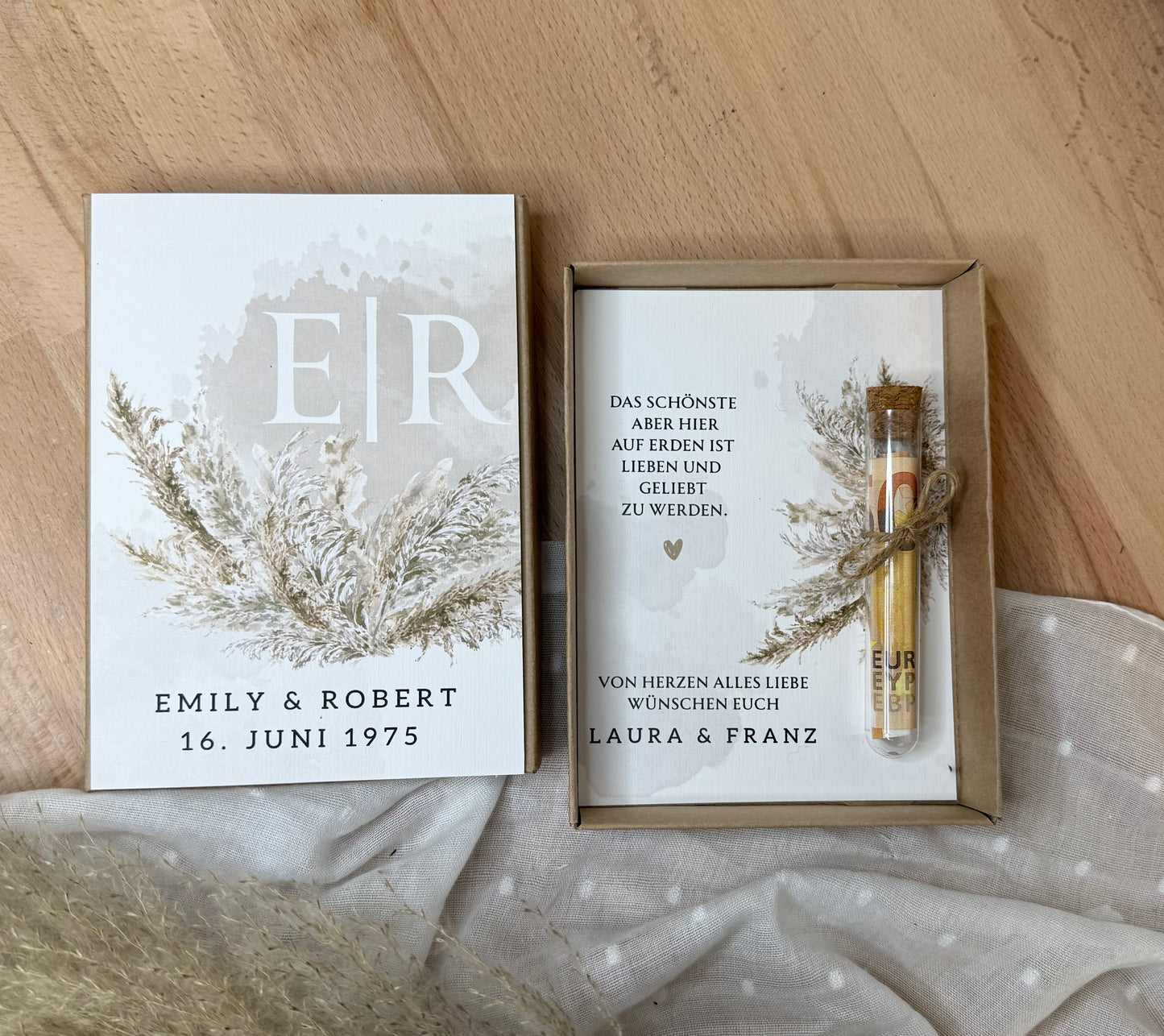 Personalisiertes Geldgeschenk zur Hochzeit-– Geschenkbox mit Reagenzglas & im Boho-Stil – Hochzeitsgeschenk für Brautpaar