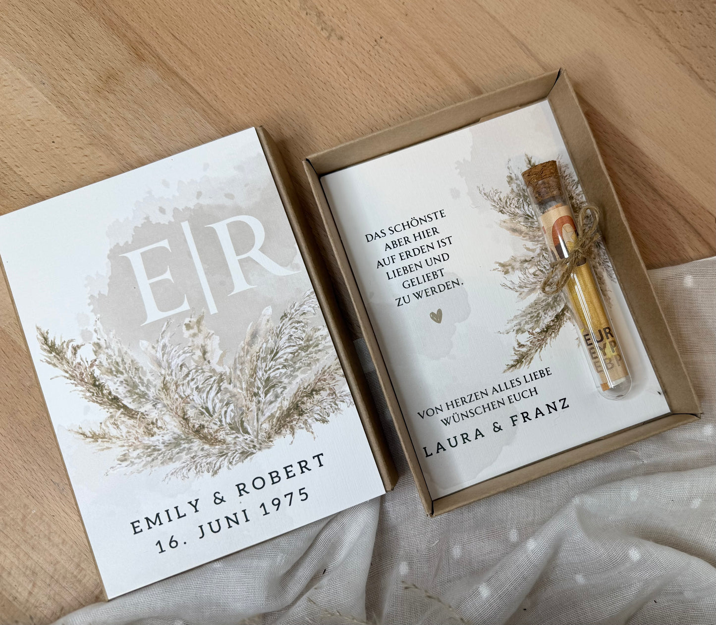 Personalisiertes Geldgeschenk zur Hochzeit-– Geschenkbox mit Reagenzglas & im Boho-Stil – Hochzeitsgeschenk für Brautpaar