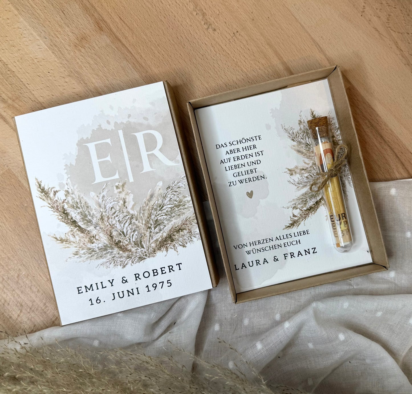 Personalisiertes Geldgeschenk zur Hochzeit-– Geschenkbox mit Reagenzglas & im Boho-Stil – Hochzeitsgeschenk für Brautpaar