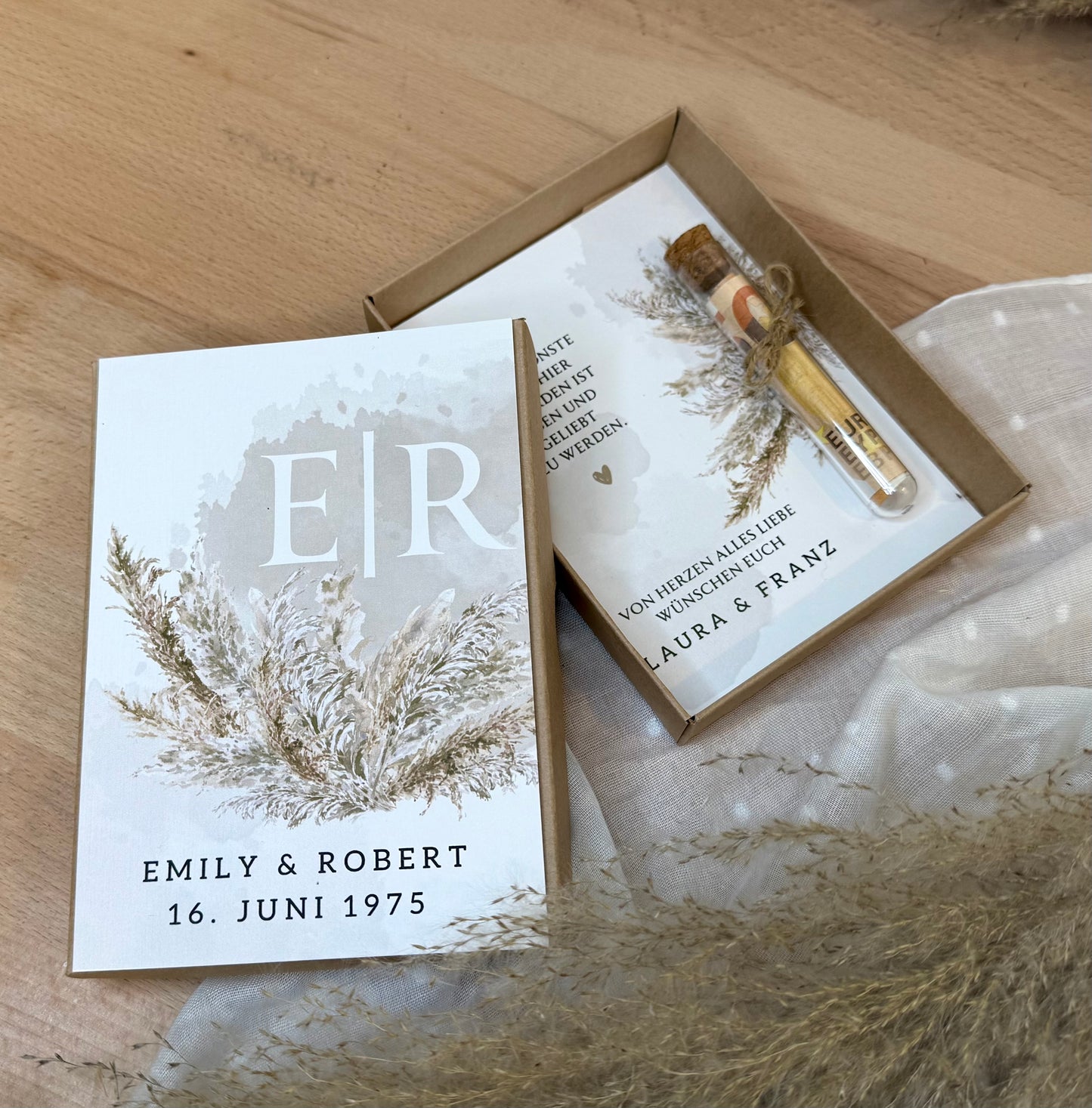 Personalisiertes Geldgeschenk zur Hochzeit-– Geschenkbox mit Reagenzglas & im Boho-Stil – Hochzeitsgeschenk für Brautpaar