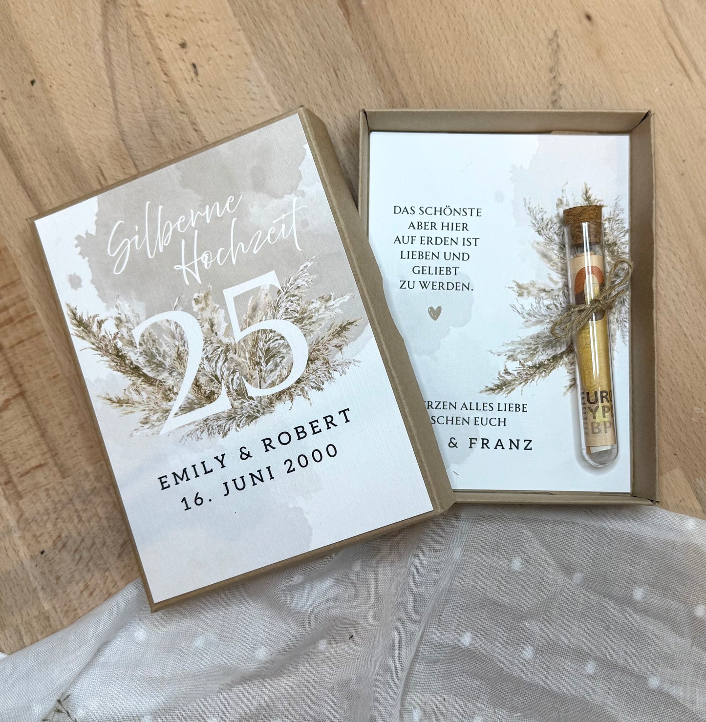 Personalisiertes Geldgeschenk zur Hochzeit- Silberne Hochzeit – Geschenkbox mit Reagenzglas & im Boho-Stil – Hochzeitsgeschenk für Brautpaar