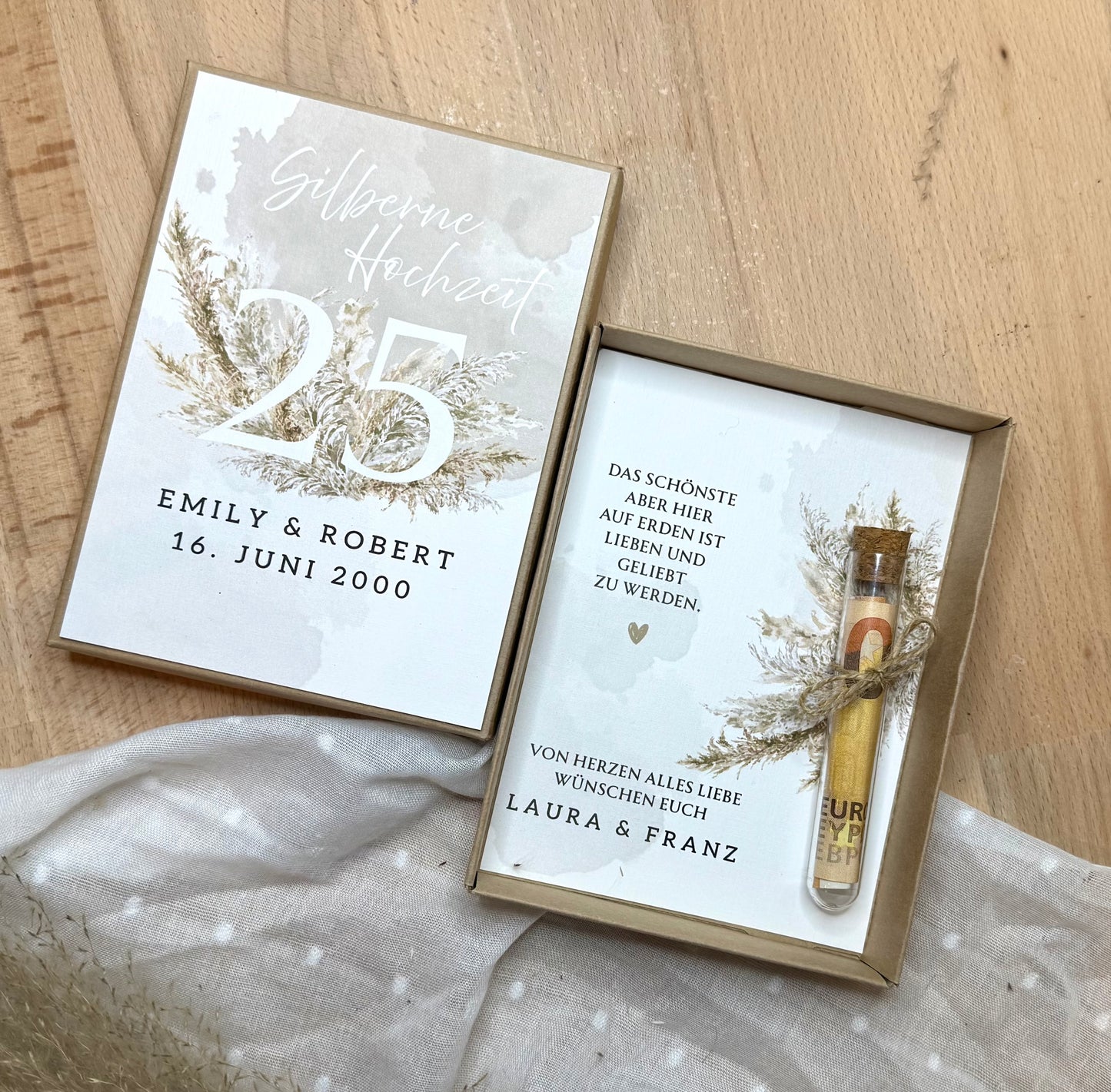 Personalisiertes Geldgeschenk zur Hochzeit- Silberne Hochzeit – Geschenkbox mit Reagenzglas & im Boho-Stil – Hochzeitsgeschenk für Brautpaar