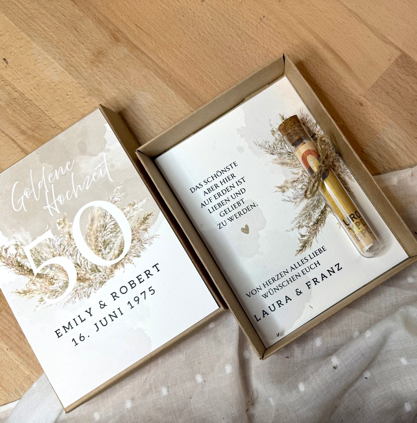 Personalisiertes Geldgeschenk zur Hochzeit- Goldene Hochzeit – Geschenkbox mit Reagenzglas & im Boho-Stil – Hochzeitsgeschenk für Brautpaar
