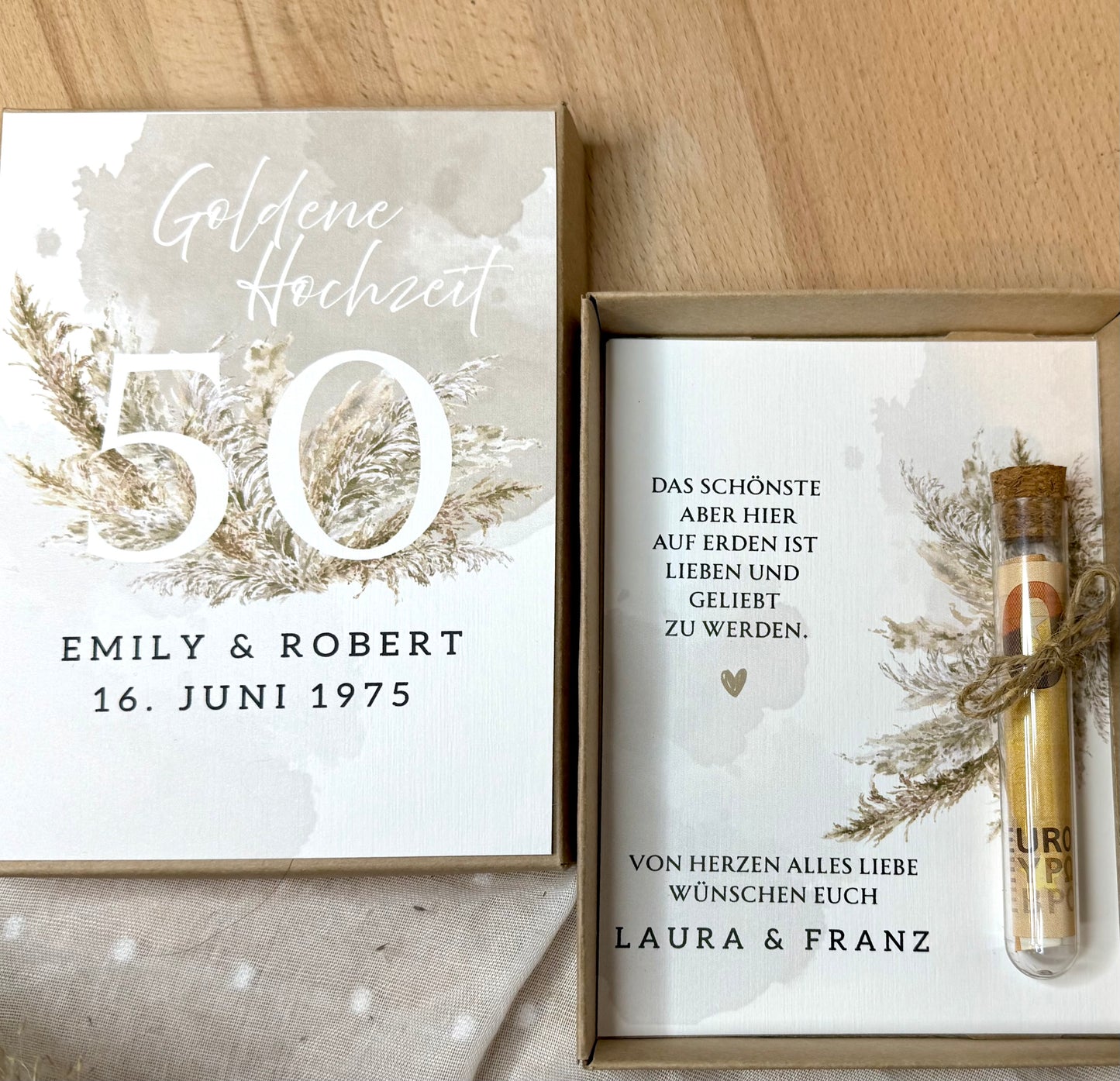 Personalisiertes Geldgeschenk zur Hochzeit- Goldene Hochzeit – Geschenkbox mit Reagenzglas & im Boho-Stil – Hochzeitsgeschenk für Brautpaar