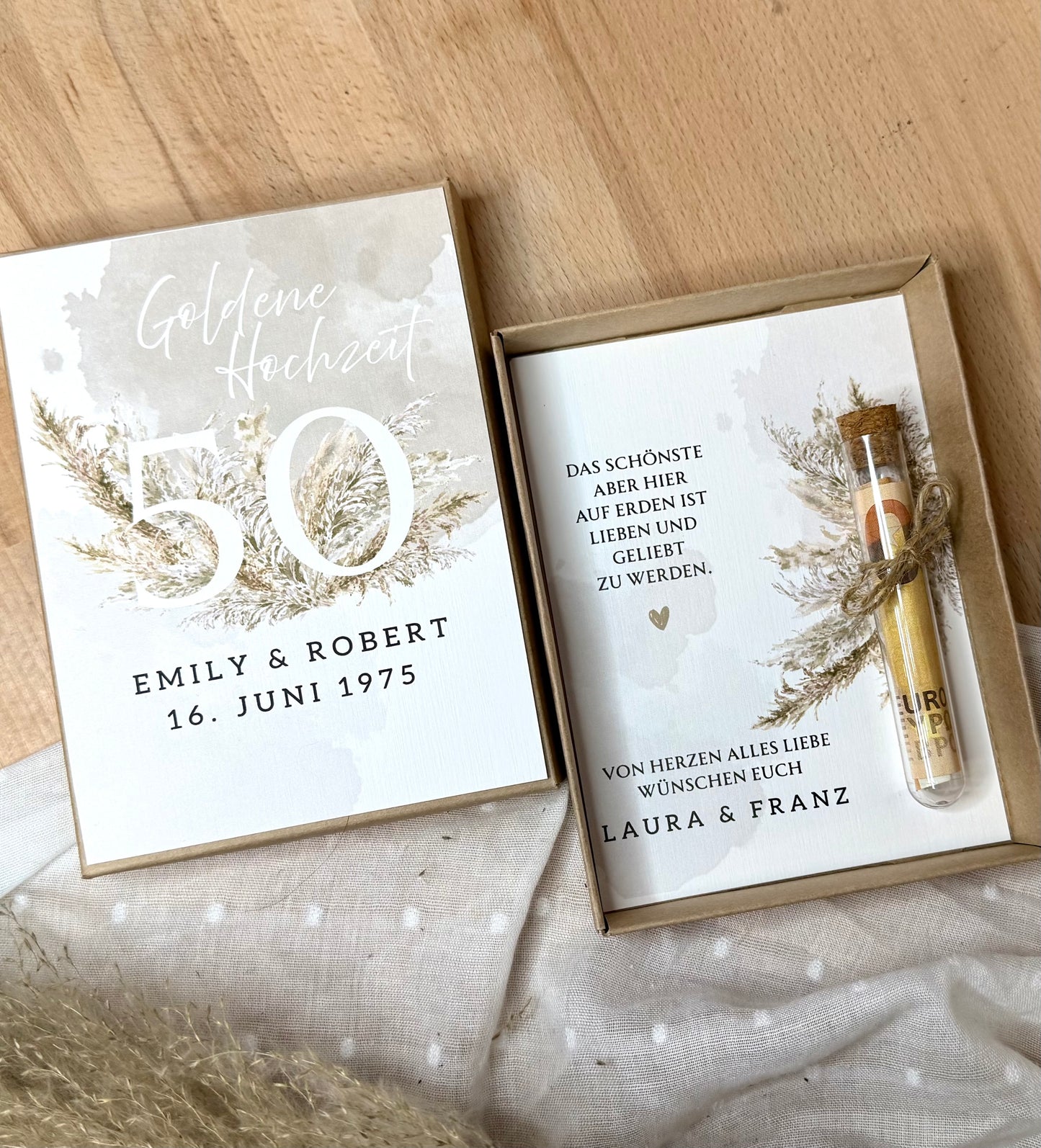 Personalisiertes Geldgeschenk zur Hochzeit- Goldene Hochzeit – Geschenkbox mit Reagenzglas & im Boho-Stil – Hochzeitsgeschenk für Brautpaar