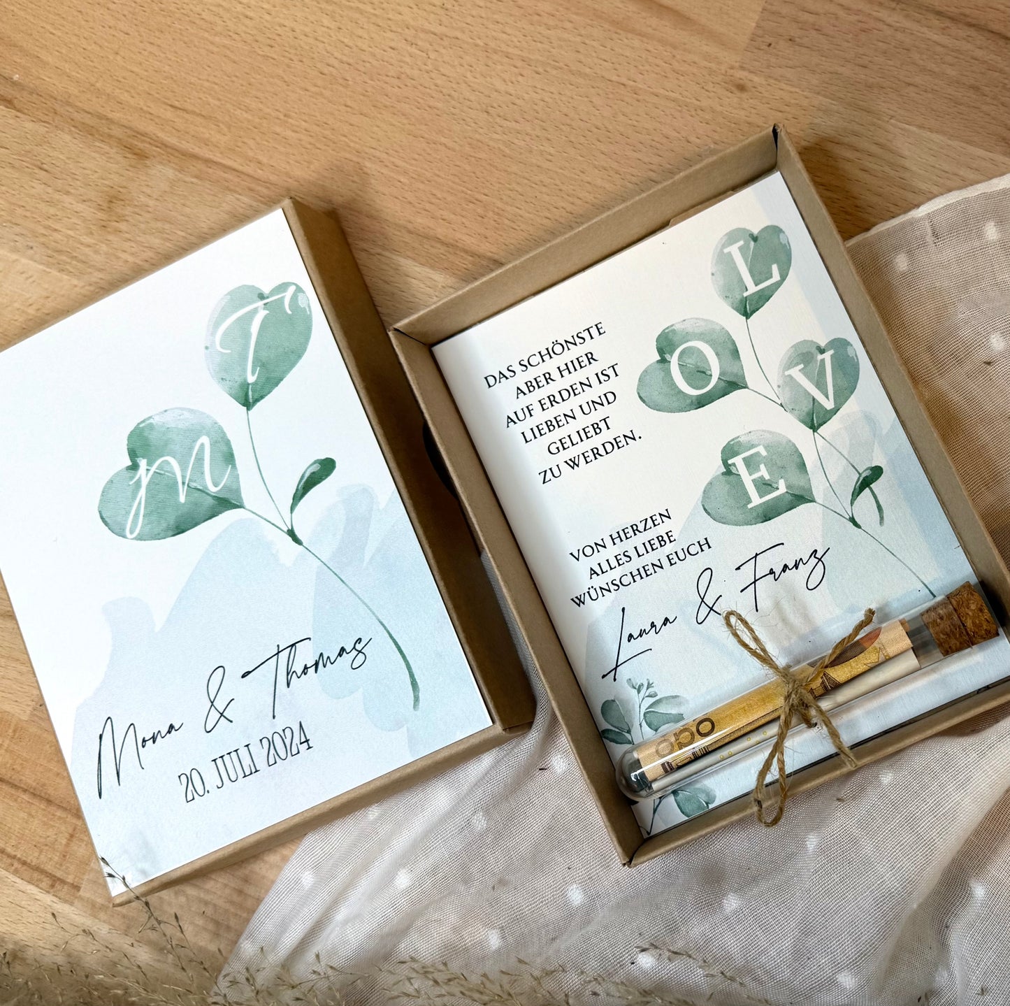 Personalisiertes Geldgeschenk zur Hochzeit-– Geschenkbox mit Reagenzglas & im Boho-Stil – Hochzeitsgeschenk für Brautpaar