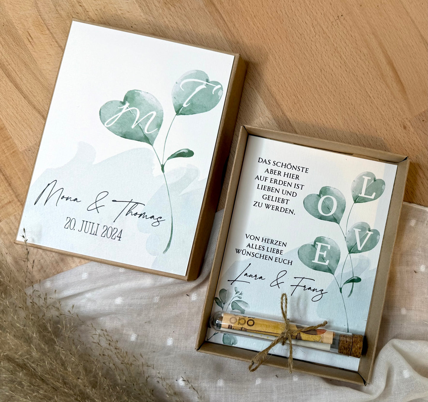 Personalisiertes Geldgeschenk zur Hochzeit-– Geschenkbox mit Reagenzglas & im Boho-Stil – Hochzeitsgeschenk für Brautpaar