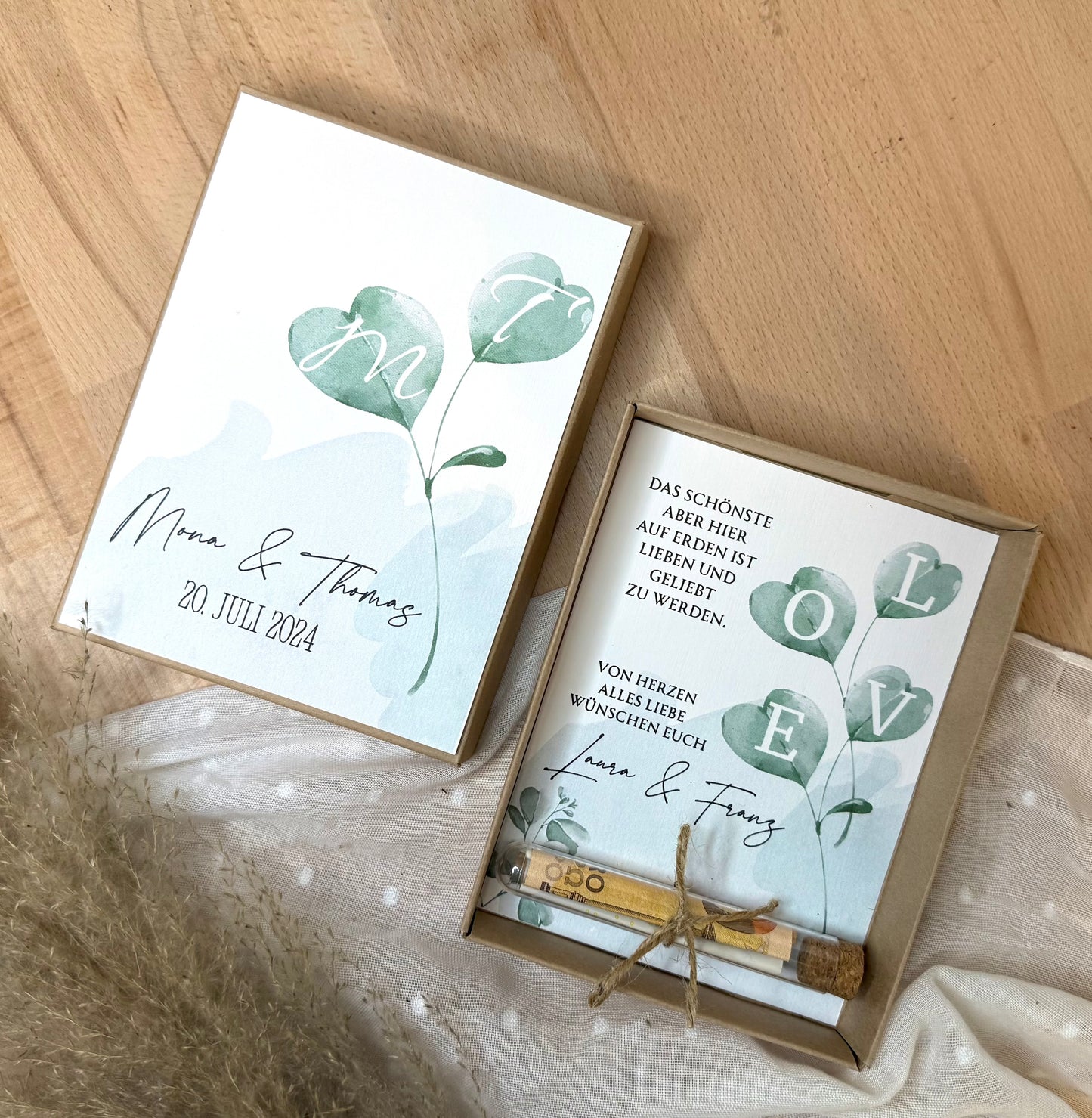 Personalisiertes Geldgeschenk zur Hochzeit-– Geschenkbox mit Reagenzglas & im Boho-Stil – Hochzeitsgeschenk für Brautpaar