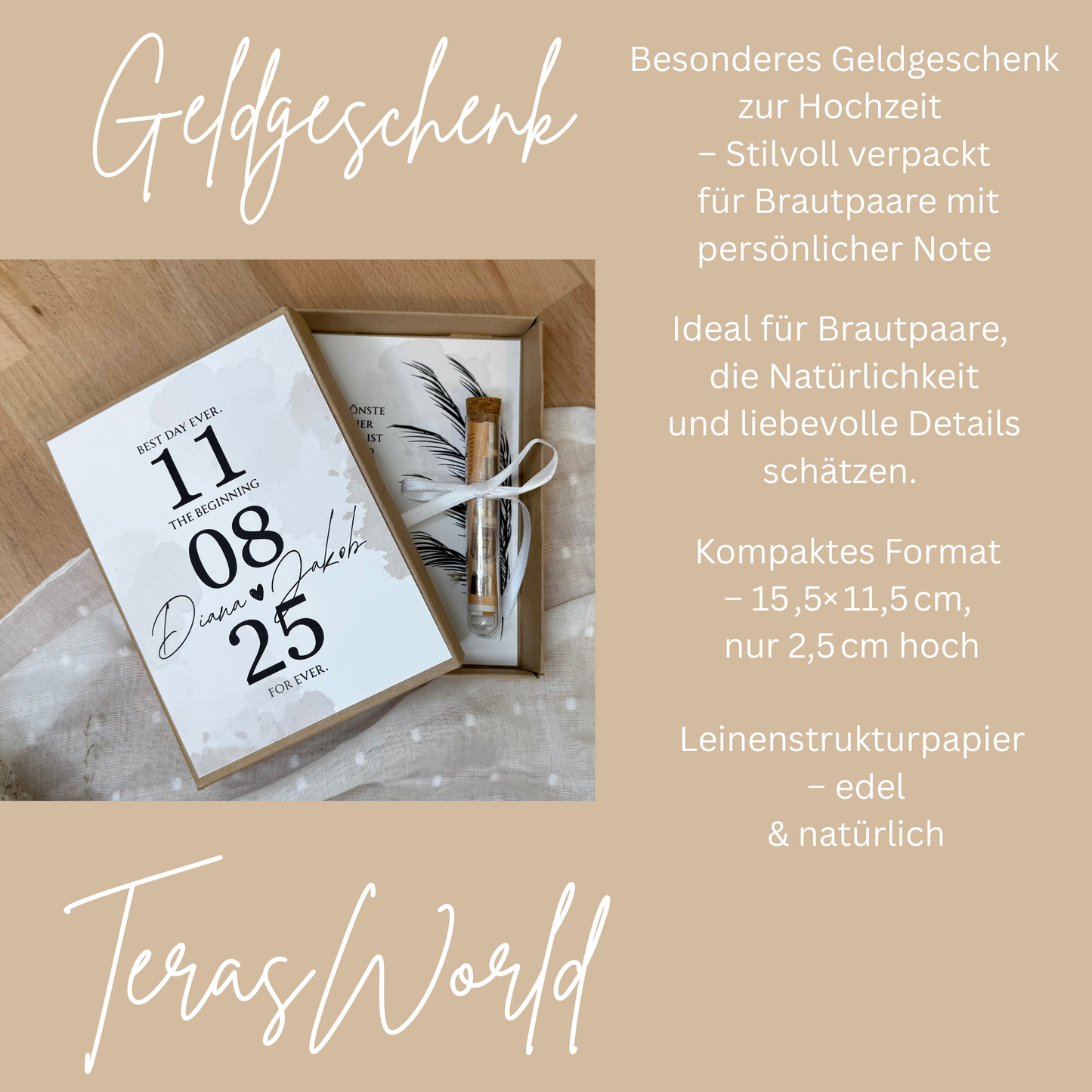 Personalisiertes Geldgeschenk zur Hochzeit-– Geschenkbox mit Reagenzglas & im Boho-Stil – Hochzeitsgeschenk für Brautpaar