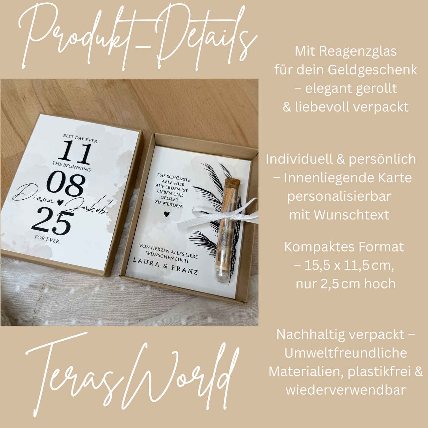 Personalisiertes Geldgeschenk zur Hochzeit-– Geschenkbox mit Reagenzglas & im Boho-Stil – Hochzeitsgeschenk für Brautpaar