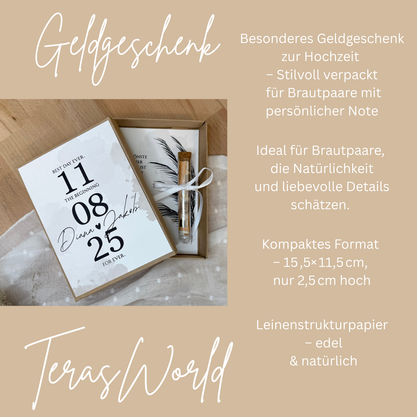 Personalisiertes Geldgeschenk zur Hochzeit-– Geschenkbox mit Reagenzglas & im Boho-Stil – Hochzeitsgeschenk für Brautpaar