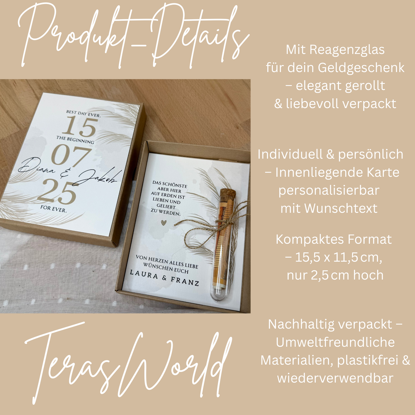 Personalisiertes Geldgeschenk zur Hochzeit-– Geschenkbox mit Reagenzglas & im Boho-Stil – Hochzeitsgeschenk für Brautpaar