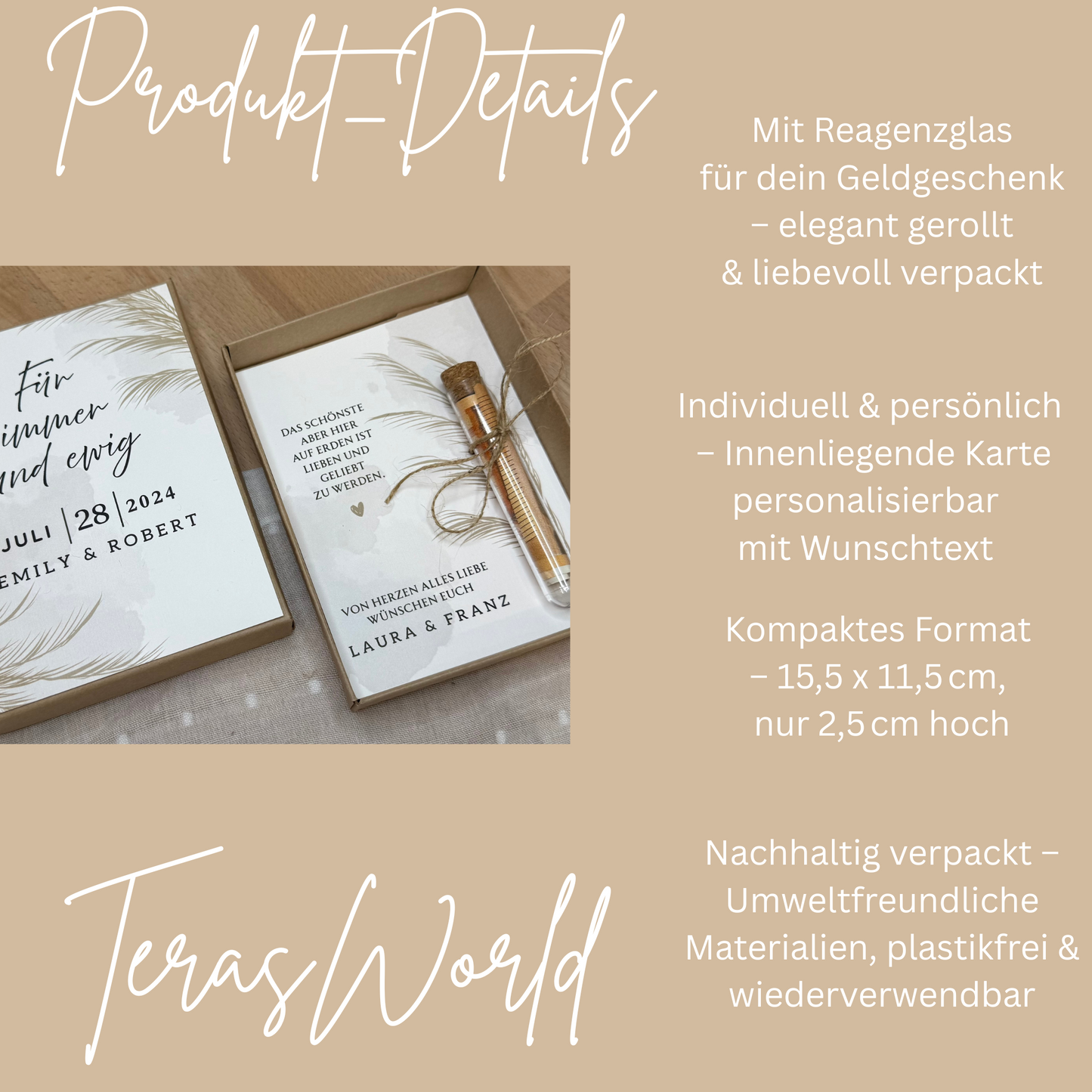 Personalisiertes Geldgeschenk zur Hochzeit-– Geschenkbox mit Reagenzglas & im Boho-Stil – Hochzeitsgeschenk für Brautpaar