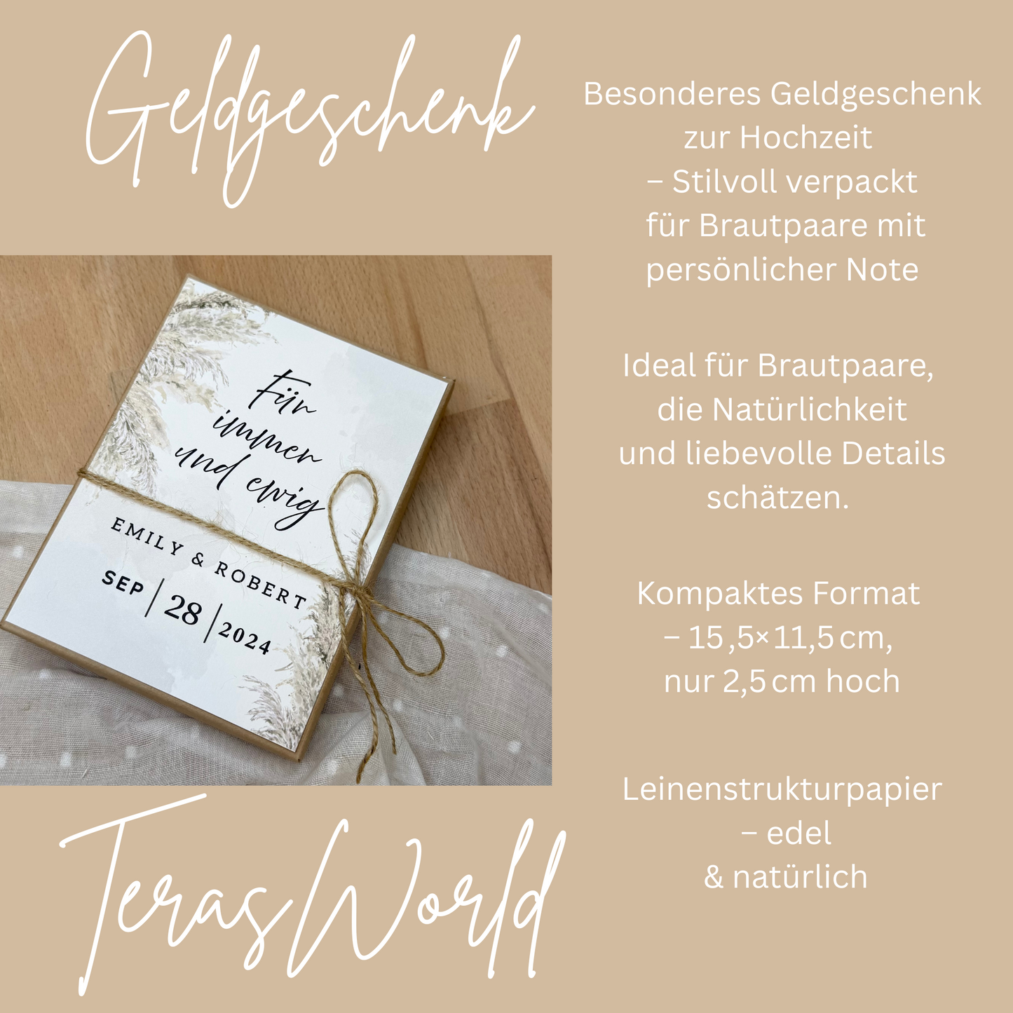 Personalisiertes Geldgeschenk zur Hochzeit-– Geschenkbox mit Reagenzglas & im Boho-Stil – Hochzeitsgeschenk für Brautpaar