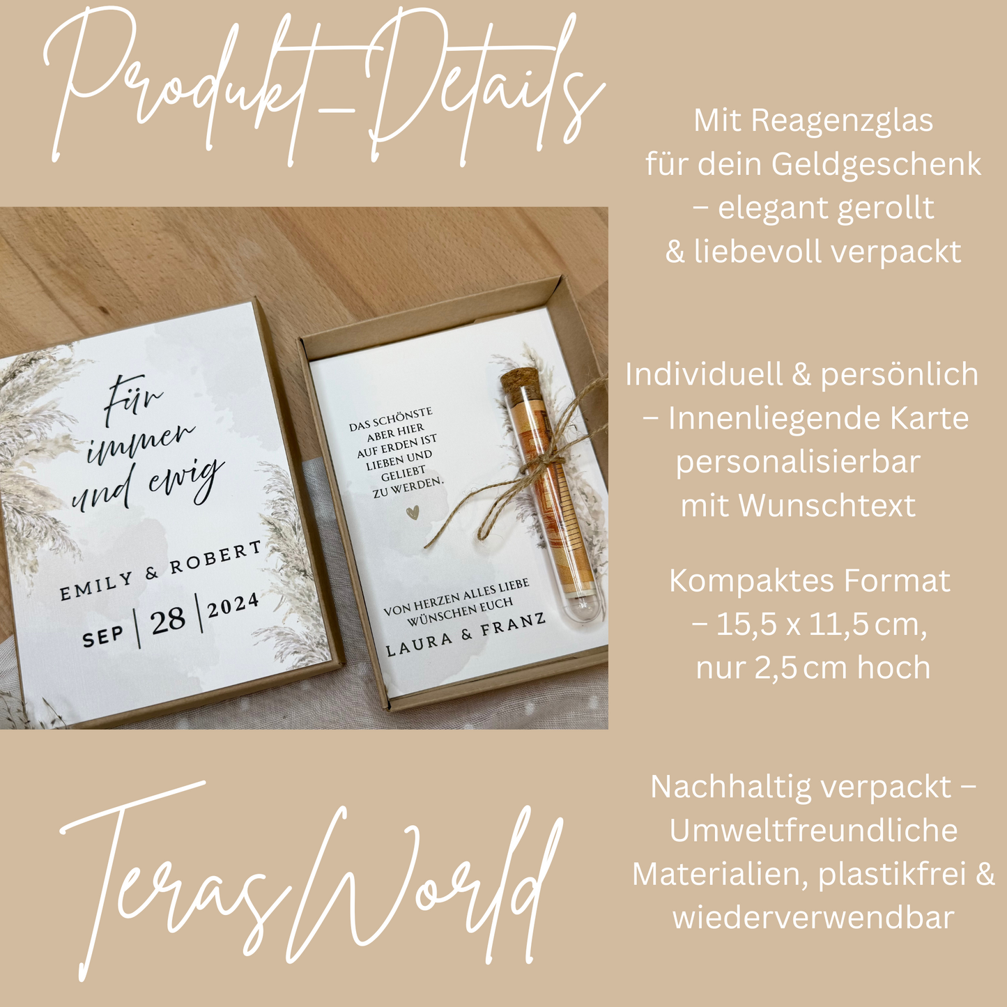 Personalisiertes Geldgeschenk zur Hochzeit-– Geschenkbox mit Reagenzglas & im Boho-Stil – Hochzeitsgeschenk für Brautpaar
