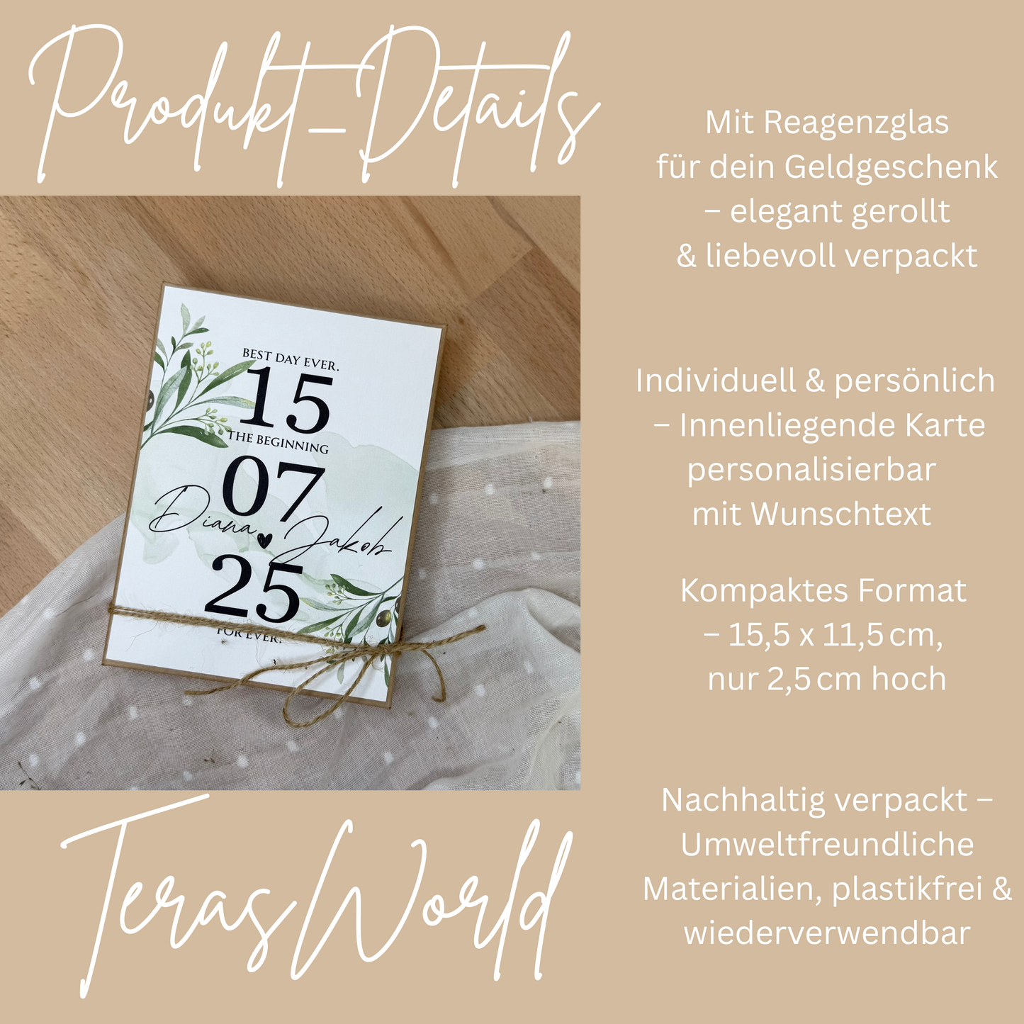 Personalisiertes Geldgeschenk zur Hochzeit-– Geschenkbox mit Reagenzglas & im Boho-Stil – Hochzeitsgeschenk für Brautpaar