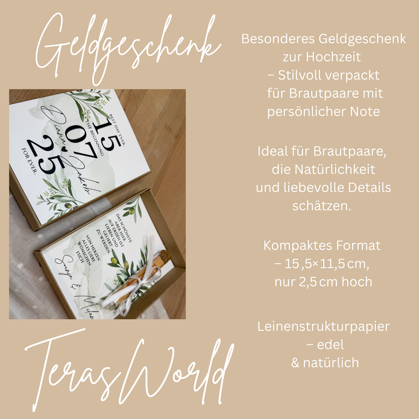 Personalisiertes Geldgeschenk zur Hochzeit-– Geschenkbox mit Reagenzglas & im Boho-Stil – Hochzeitsgeschenk für Brautpaar