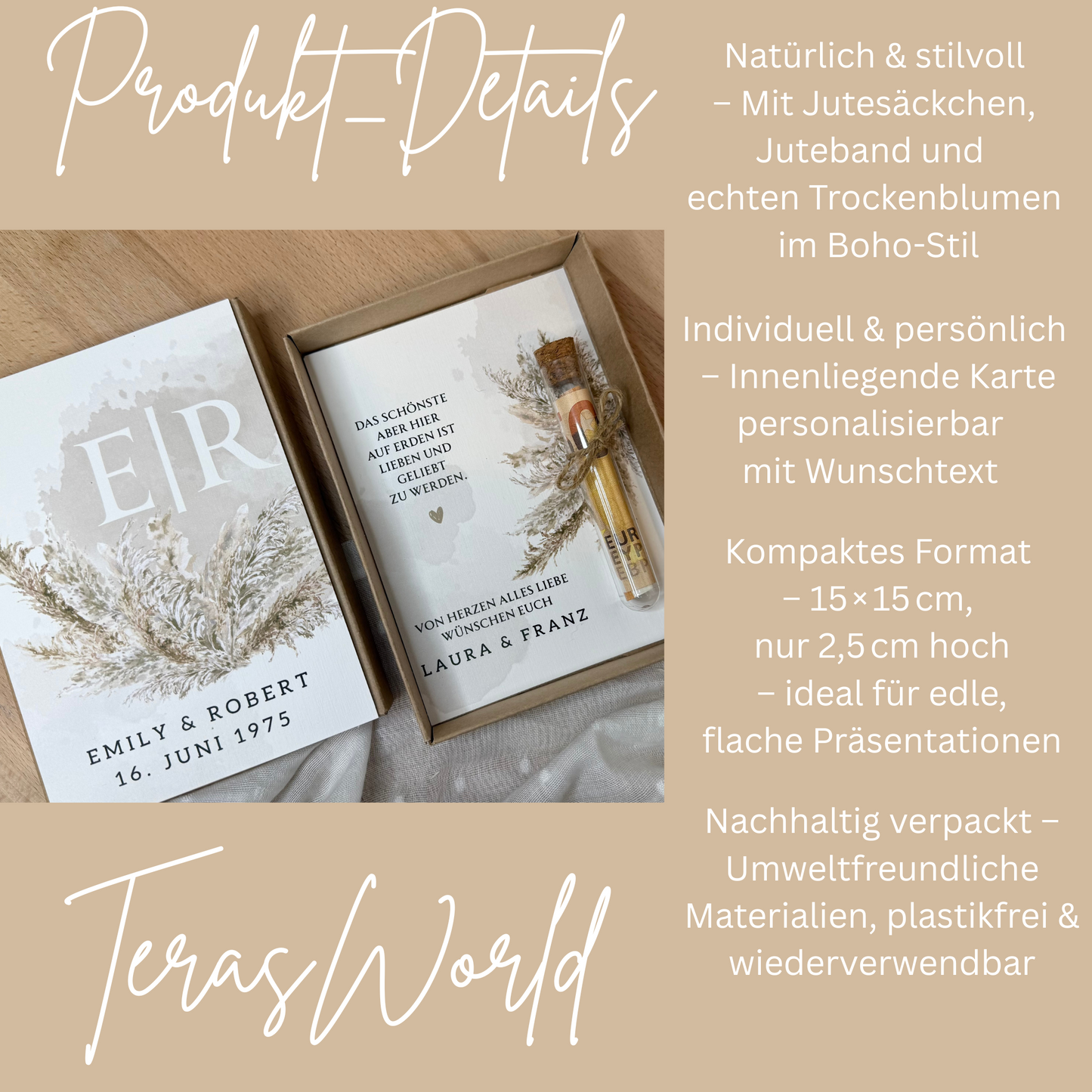 Personalisiertes Geldgeschenk zur Hochzeit-– Geschenkbox mit Reagenzglas & im Boho-Stil – Hochzeitsgeschenk für Brautpaar