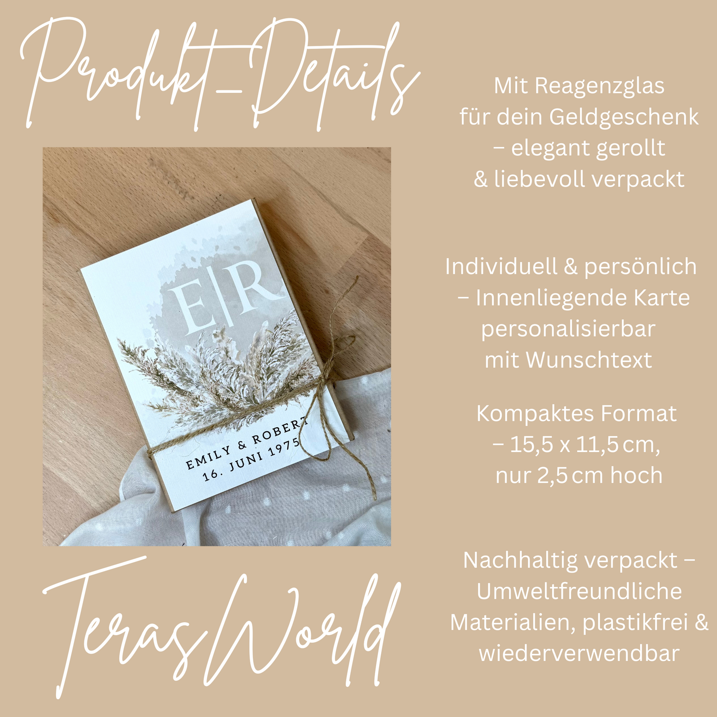 Personalisiertes Geldgeschenk zur Hochzeit-– Geschenkbox mit Reagenzglas & im Boho-Stil – Hochzeitsgeschenk für Brautpaar