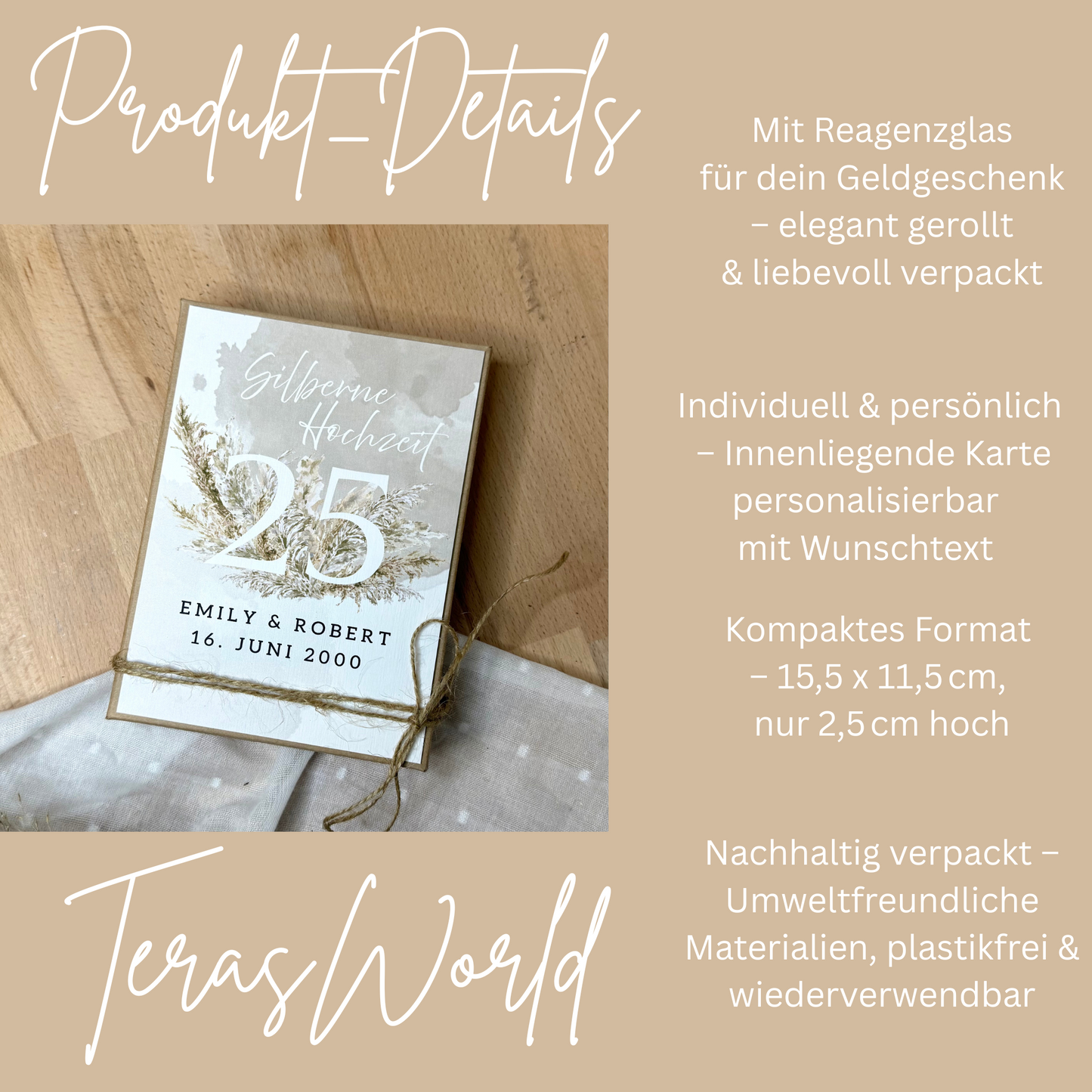 Personalisiertes Geldgeschenk zur Hochzeit- Silberne Hochzeit – Geschenkbox mit Reagenzglas & im Boho-Stil – Hochzeitsgeschenk für Brautpaar